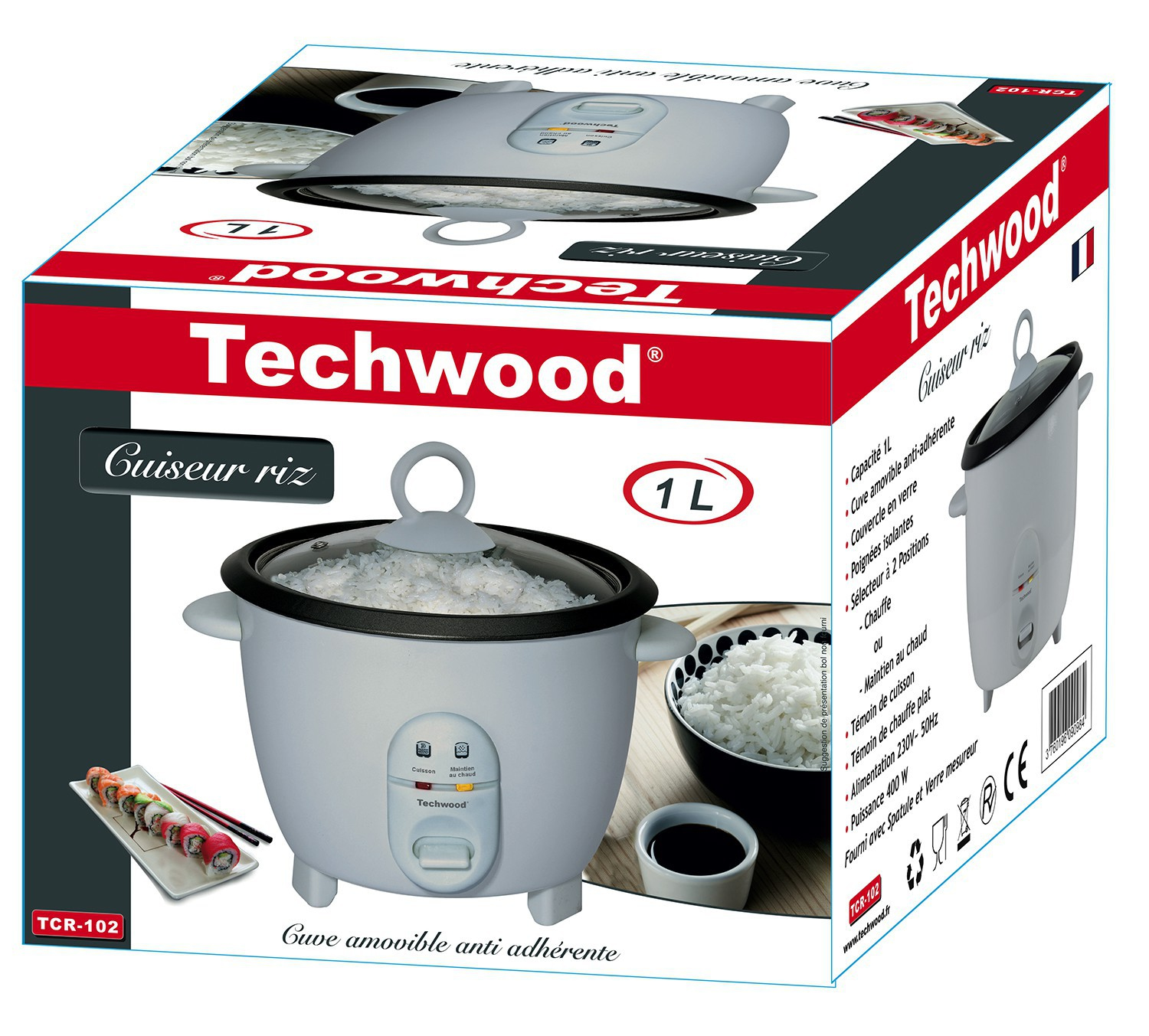 Box mit einem Techwood Reiskocher, mit einer Schüssel Reis und Sushi an der Seite.
