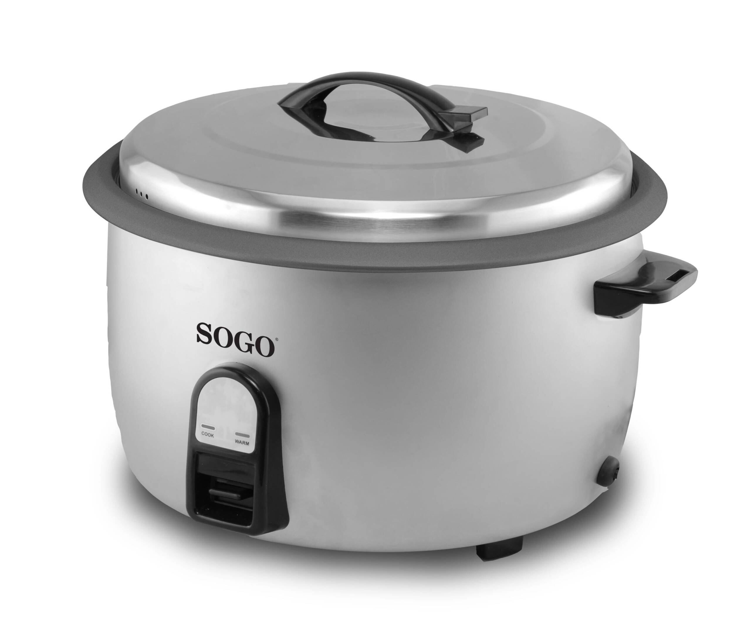 Arrocera Sogo plateada con tapa. La parte delantera tiene una pantalla con ajustes de cocción y calor.