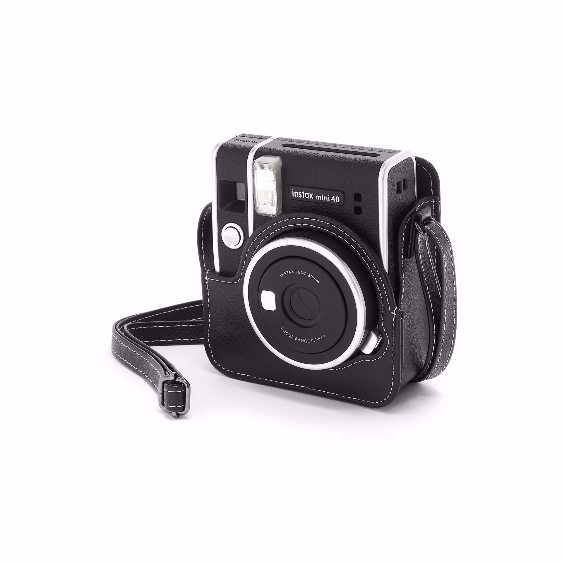 Black instax mini 40 camera with a black case and strap.