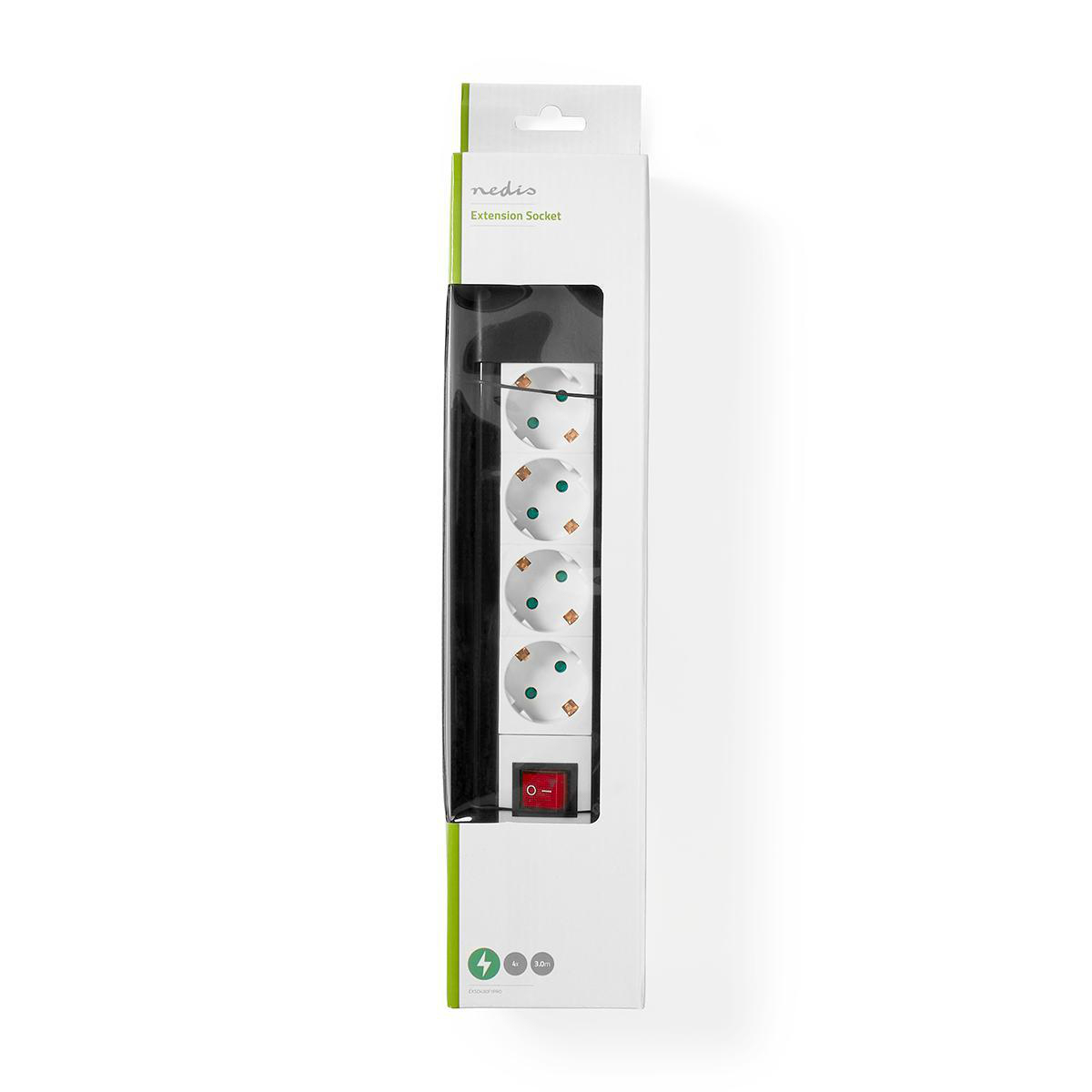 Witte verlengdoos met 5 stopcontacten, een rode schakelaar en een zwart frame.