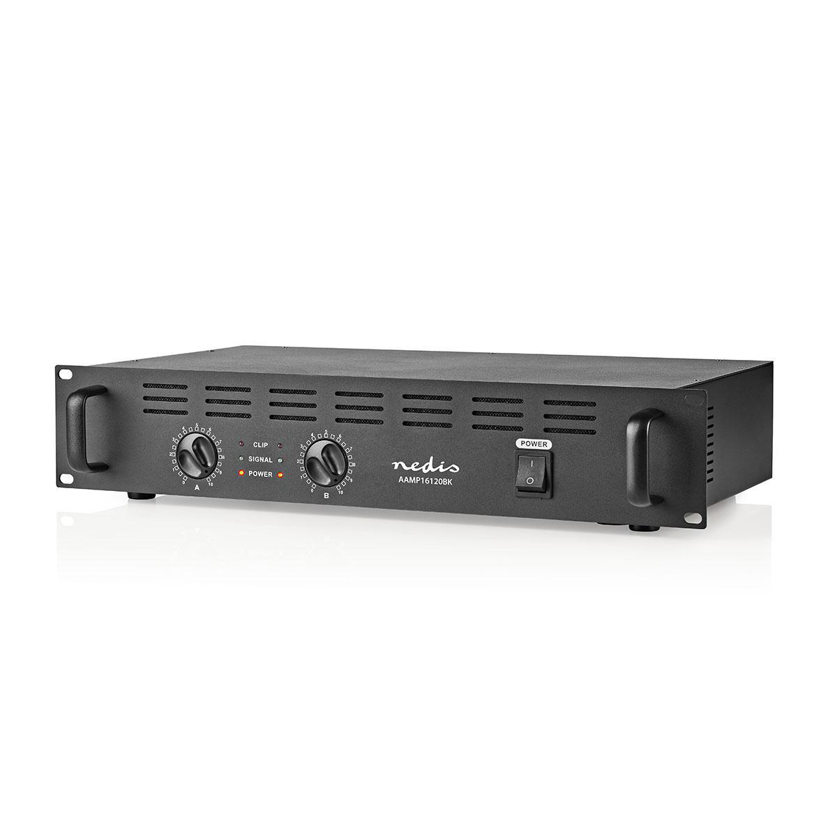 Een zwarte audioversterker met knoppen, een aan/uit-schakelaar en het Nedis-logo.