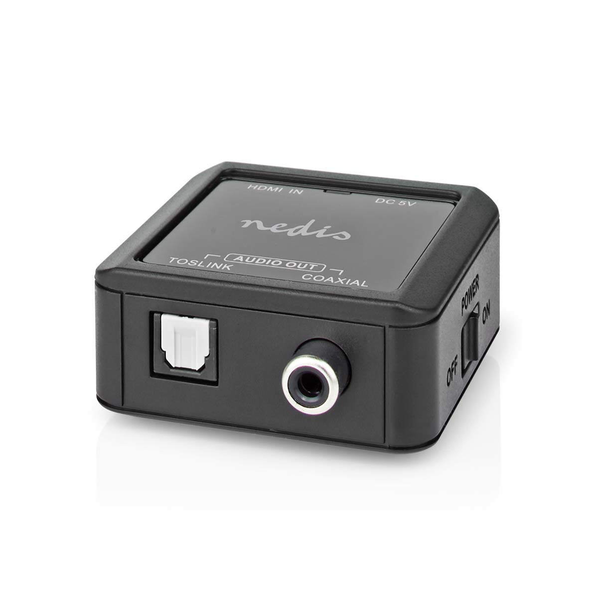 Schwarzer Nedis HDMI-zu-Audio-Konverter mit TOSLINK- und Koaxialausgängen.