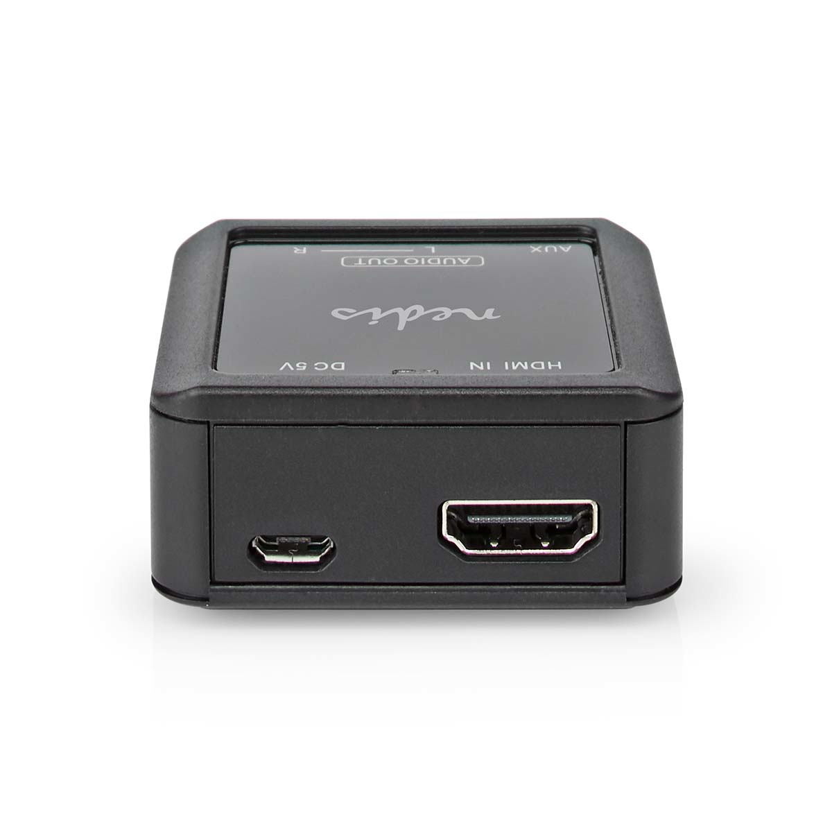 Ein schwarzer HDMI-Adapter mit den Aufschriften 'HDMI IN' und 'AUDIO OUT', weißer Hintergrund.