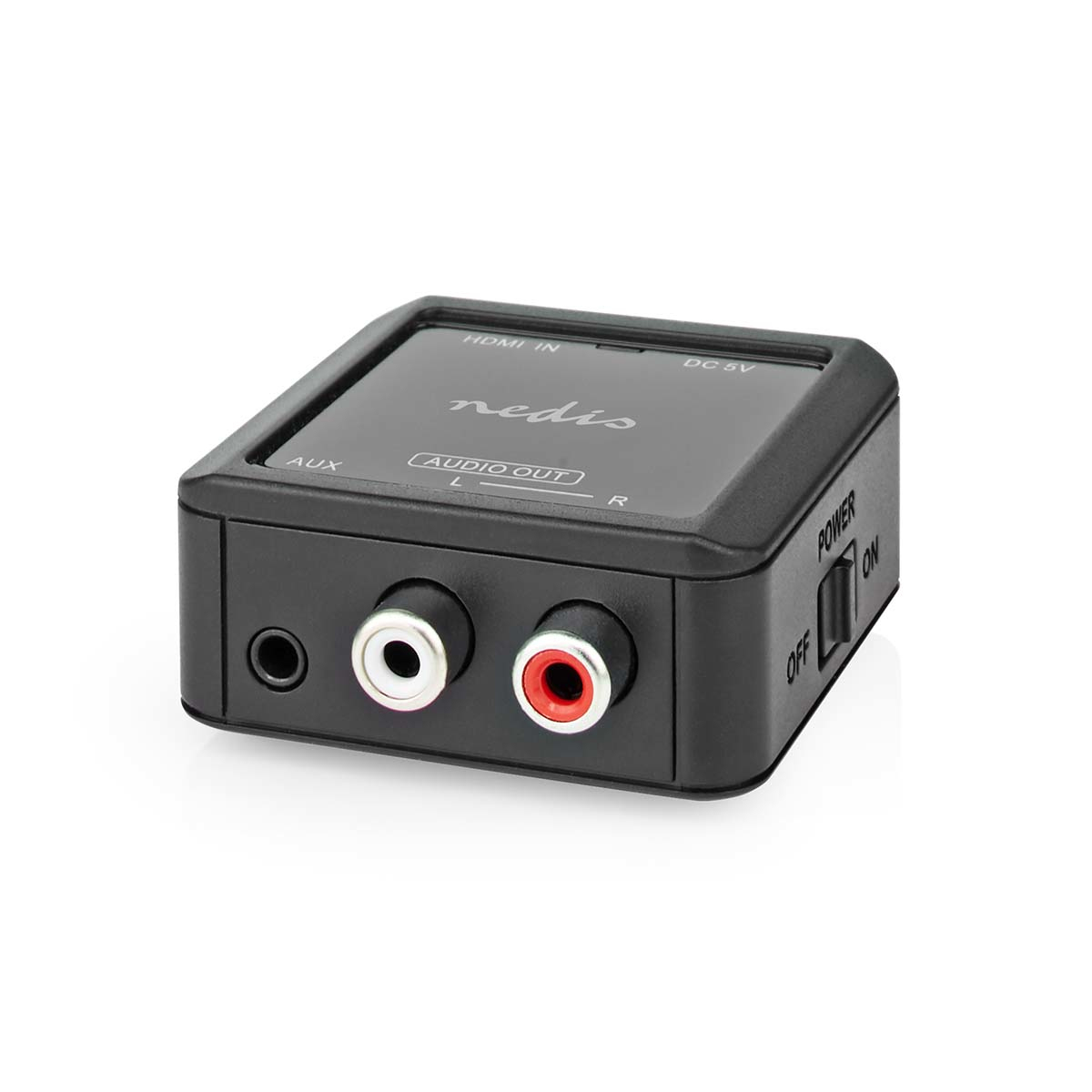 Schwarzer Audioadapter mit mehreren Anschlüssen, darunter AUX und HDMI.