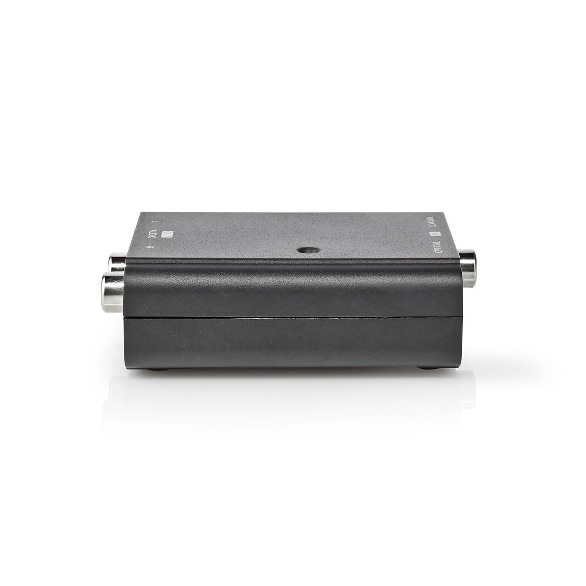Schwarzes elektronisches Gerät mit zwei Audioeingängen und optischen Eingängen rechts.