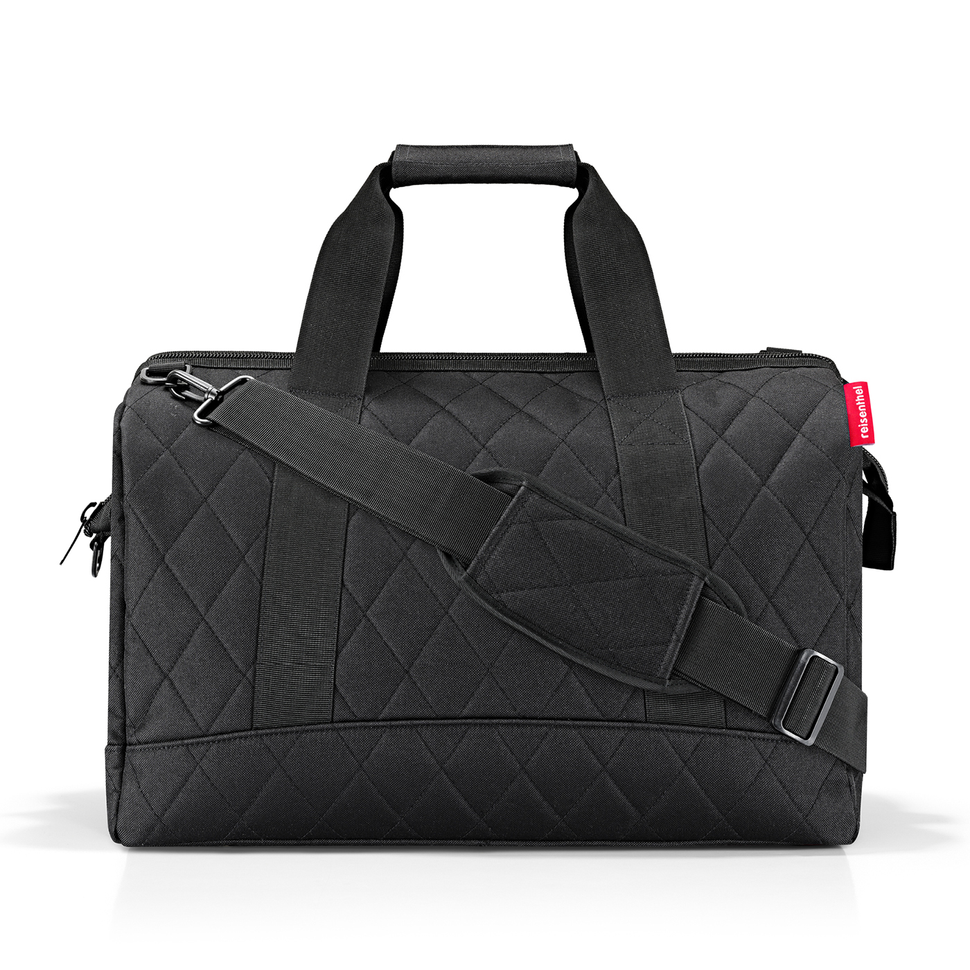 Una bolsa de lona negra acolchada con correa para el hombro. La palabra 'reisenthel' es visible.