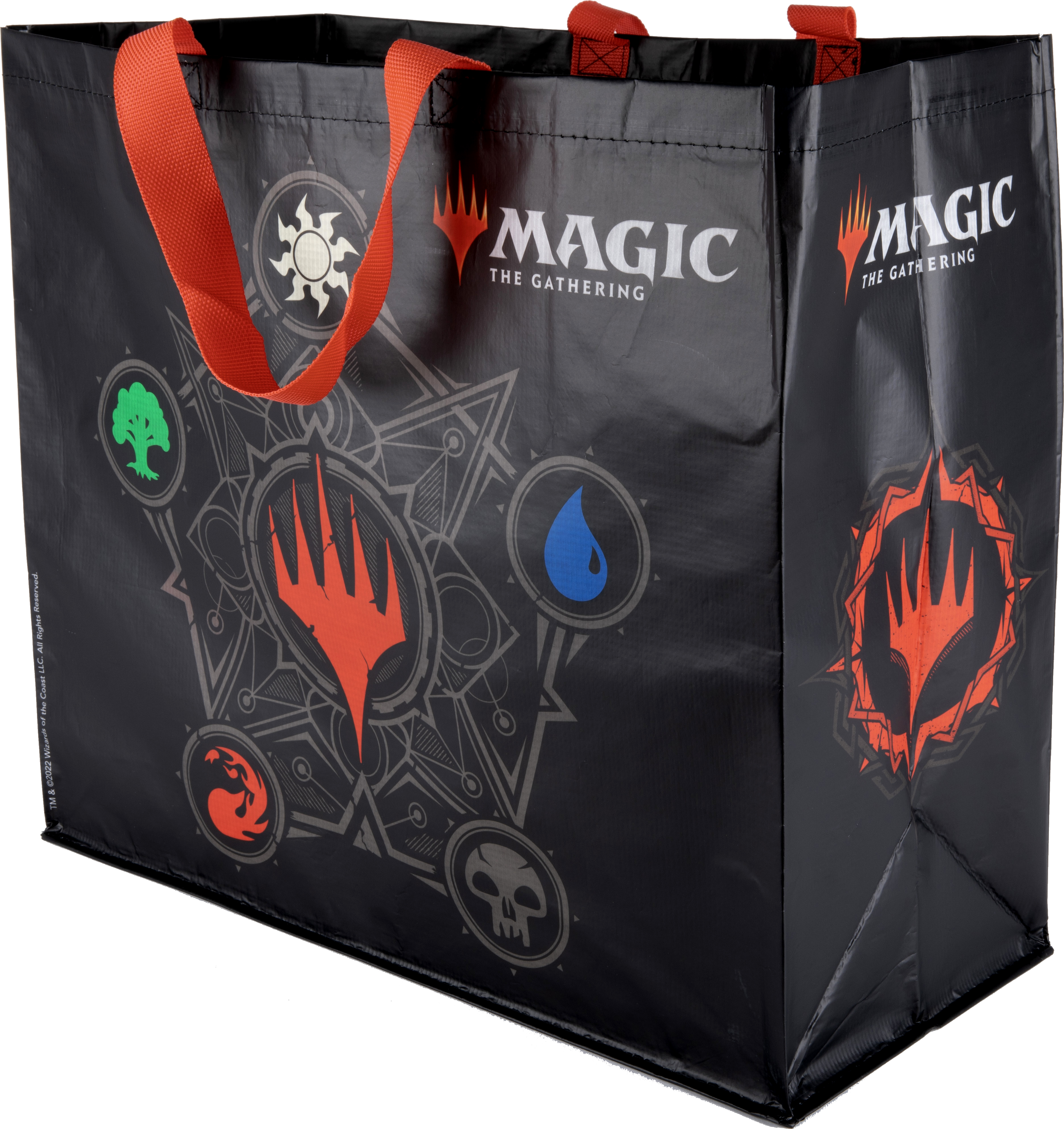 Bolsa de mano negra de Magic: The Gathering con varios símbolos y una correa roja.