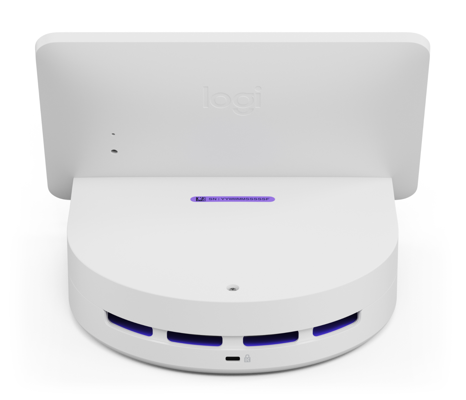 Białe urządzenie Logitech z ekranem, czarnymi otworami wentylacyjnymi i fioletową etykietą z numerem seryjnym.