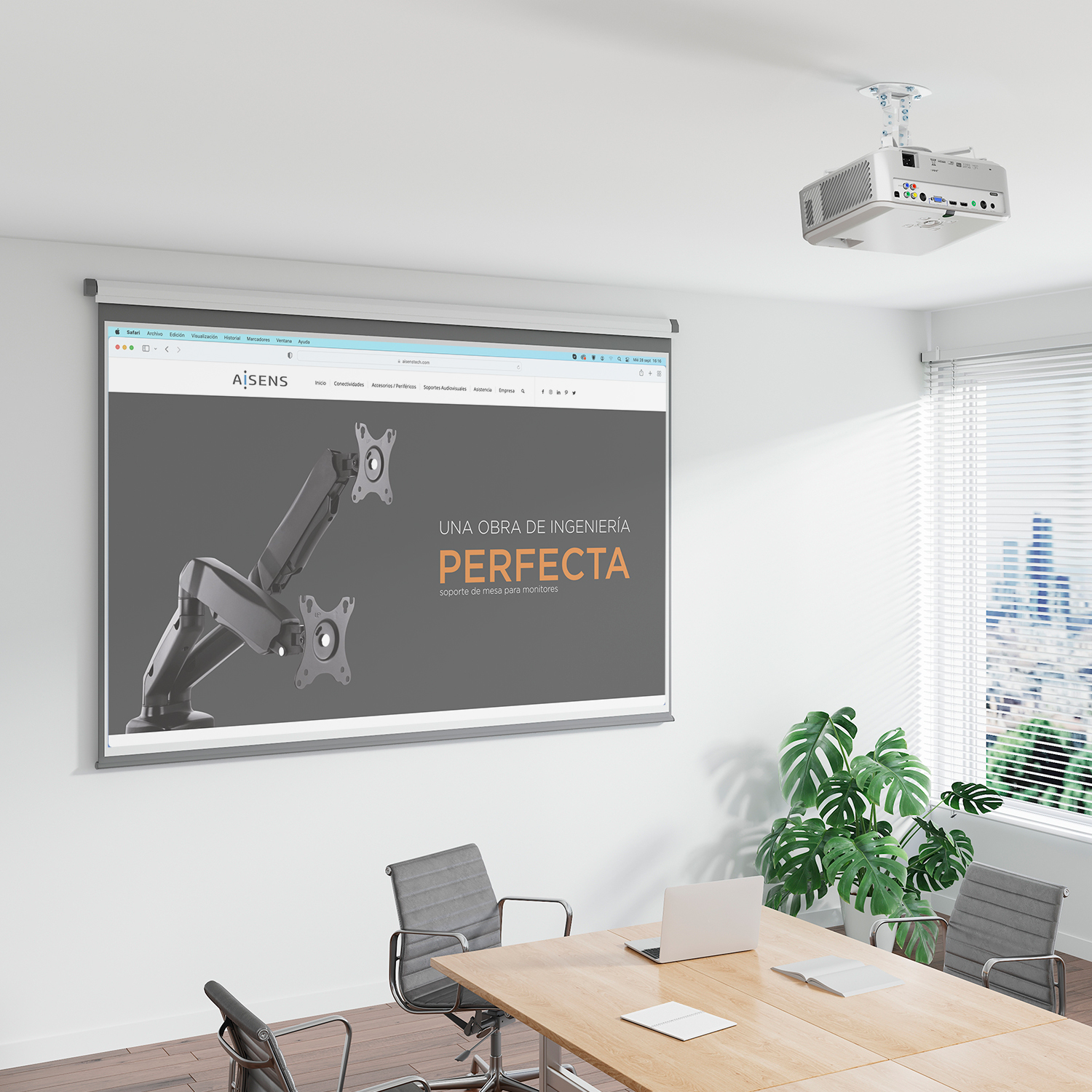 Scena biurowa: Projektor, ekran z witryną, stół, krzesła i roślina.