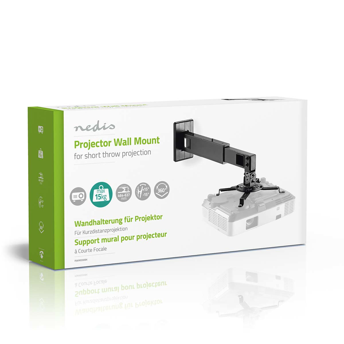 Box with a projector wall mount and product information. Text: Projector Wall Mount, 15kg max.