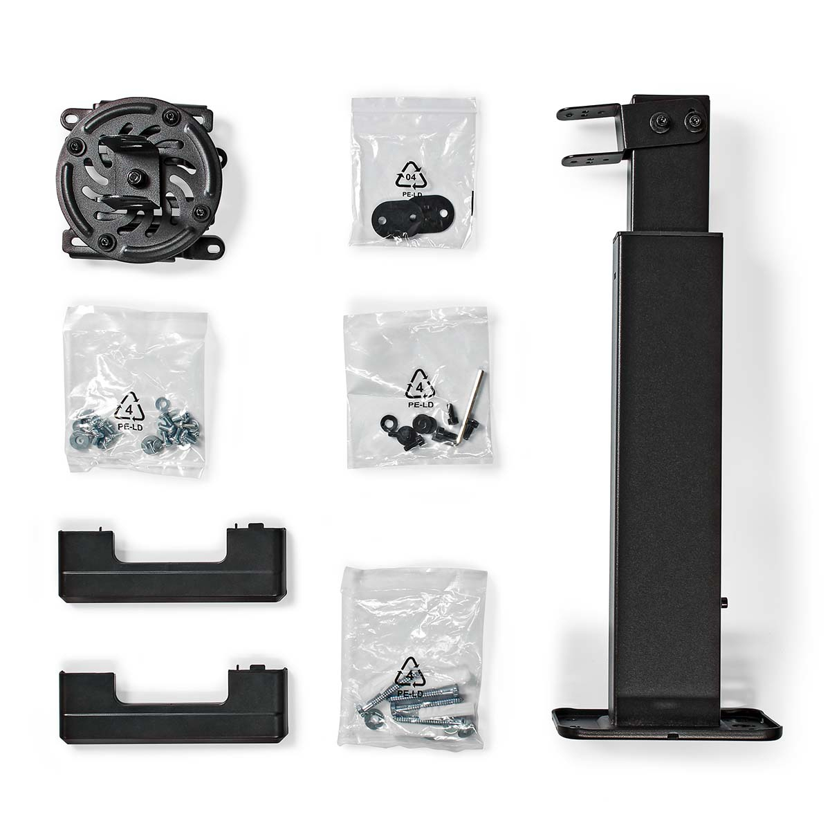 Assorted mounting hardware. Includes brackets, screws, and mounting components, isolated on white.
