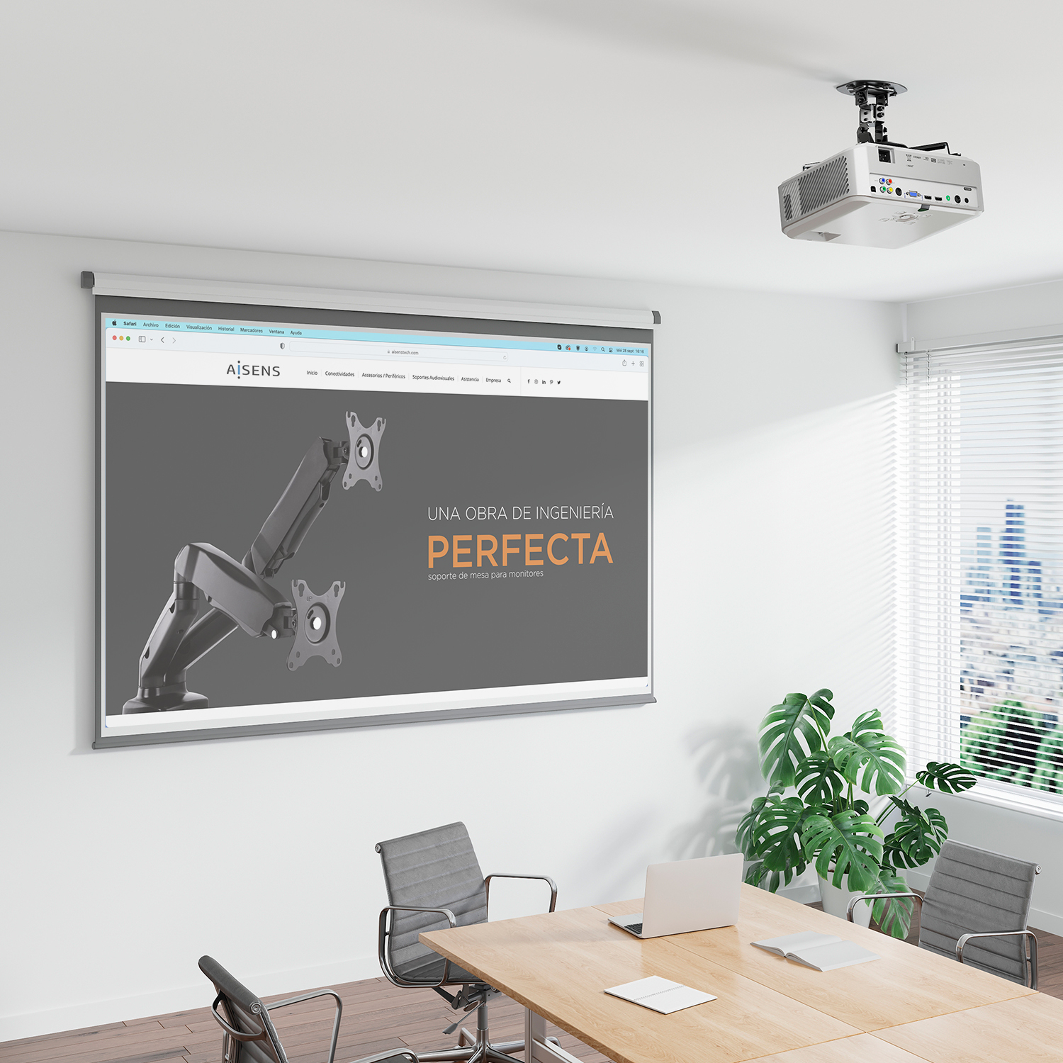 Sala konferencyjna z projektorem, ekranem z witryną, stołem, krzesłami i rośliną.