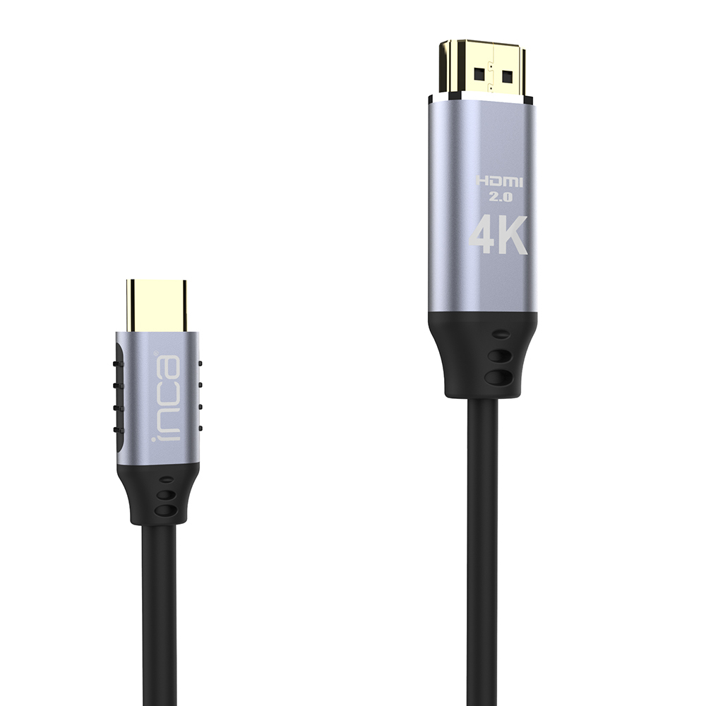 HDMI- und USB-C-Kabel mit silbernen Steckern, Text: HDMI 2.0 4K, auf weißem Hintergrund.
