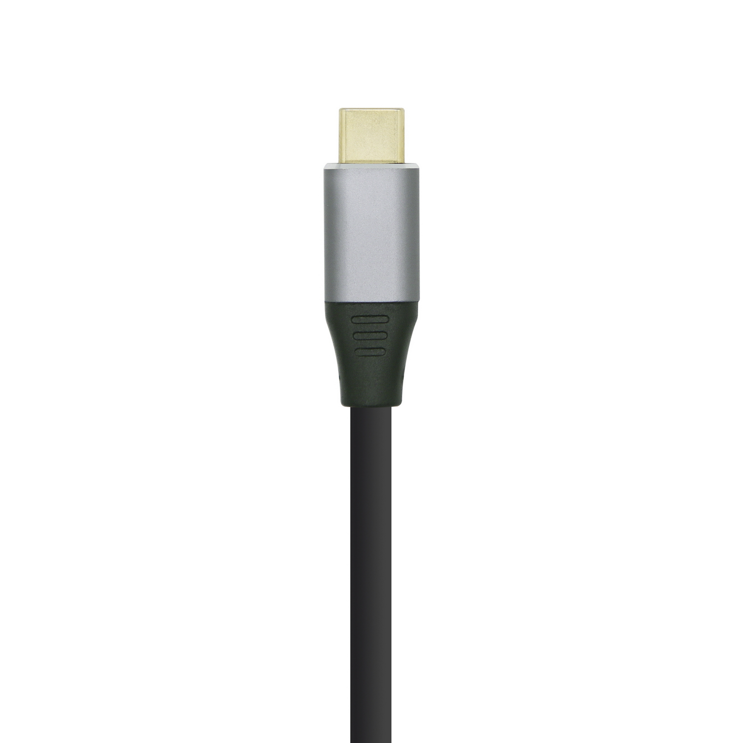 USB-C-kabel met een zilveren en zwarte connector. Witte achtergrond.