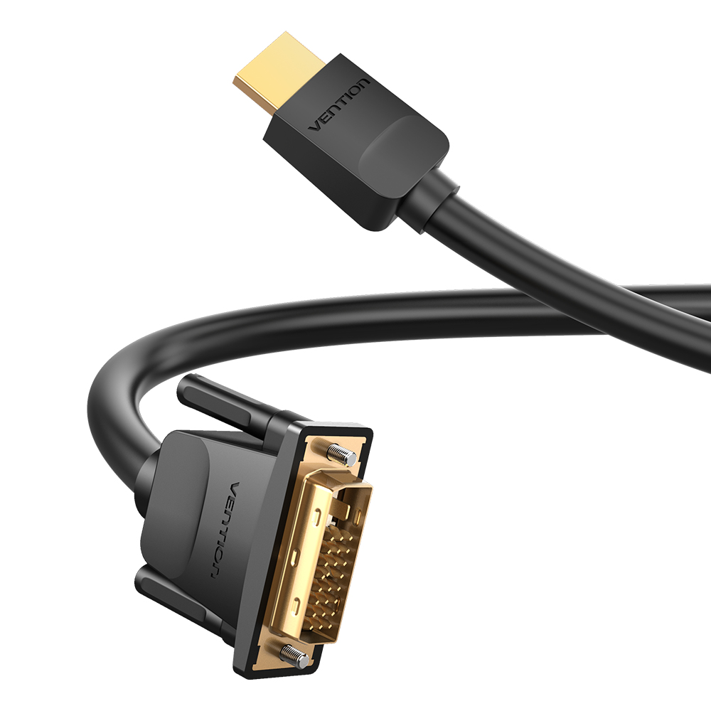 Cable HDMI a DVI con conectores negros y pines dorados.