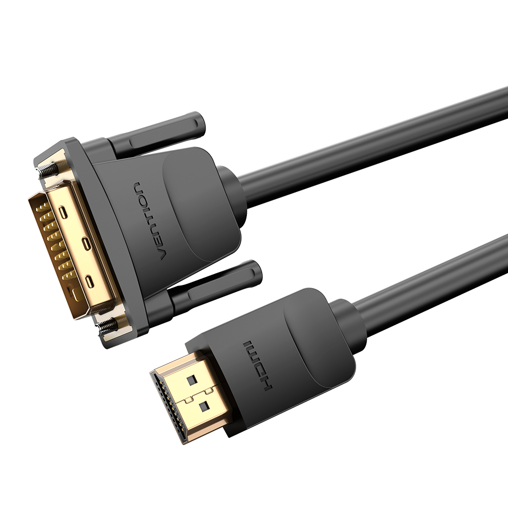 Cable HDMI a DVI negro con conectores dorados.