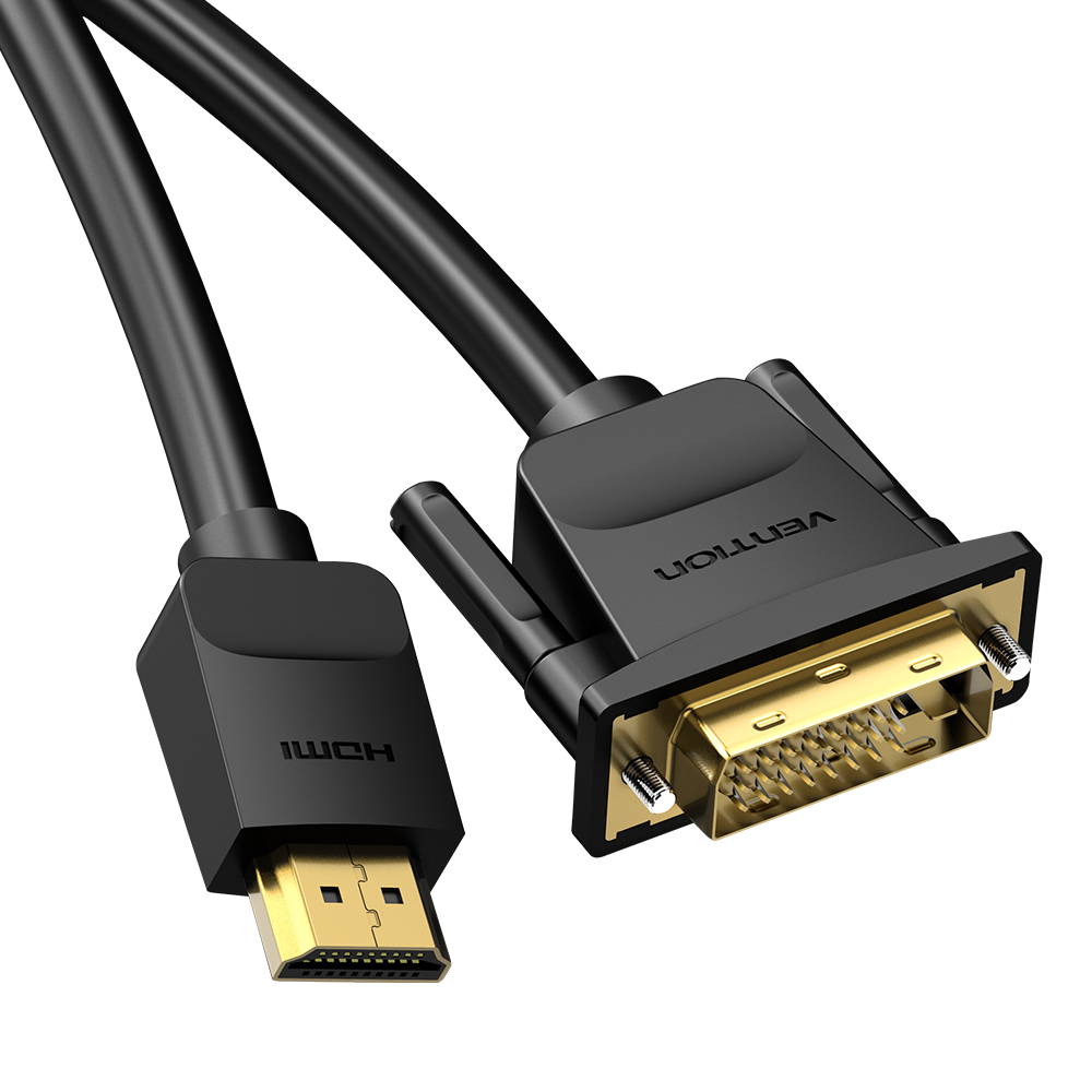 Un cable HDMI a DVI negro con conectores dorados, aislado sobre un fondo blanco.