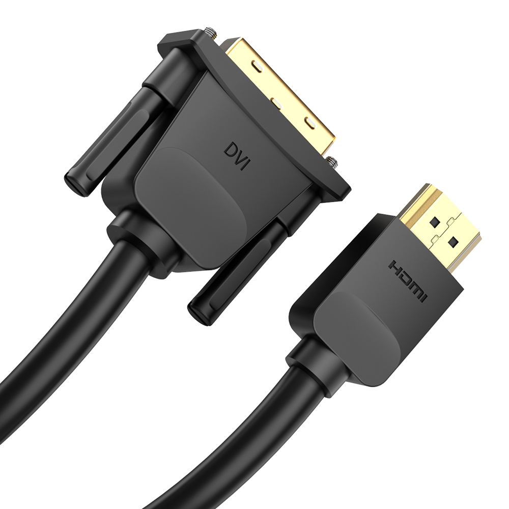 Conectores de cable DVI a HDMI negros. El conector DVI está a la izquierda y el HDMI a la derecha.