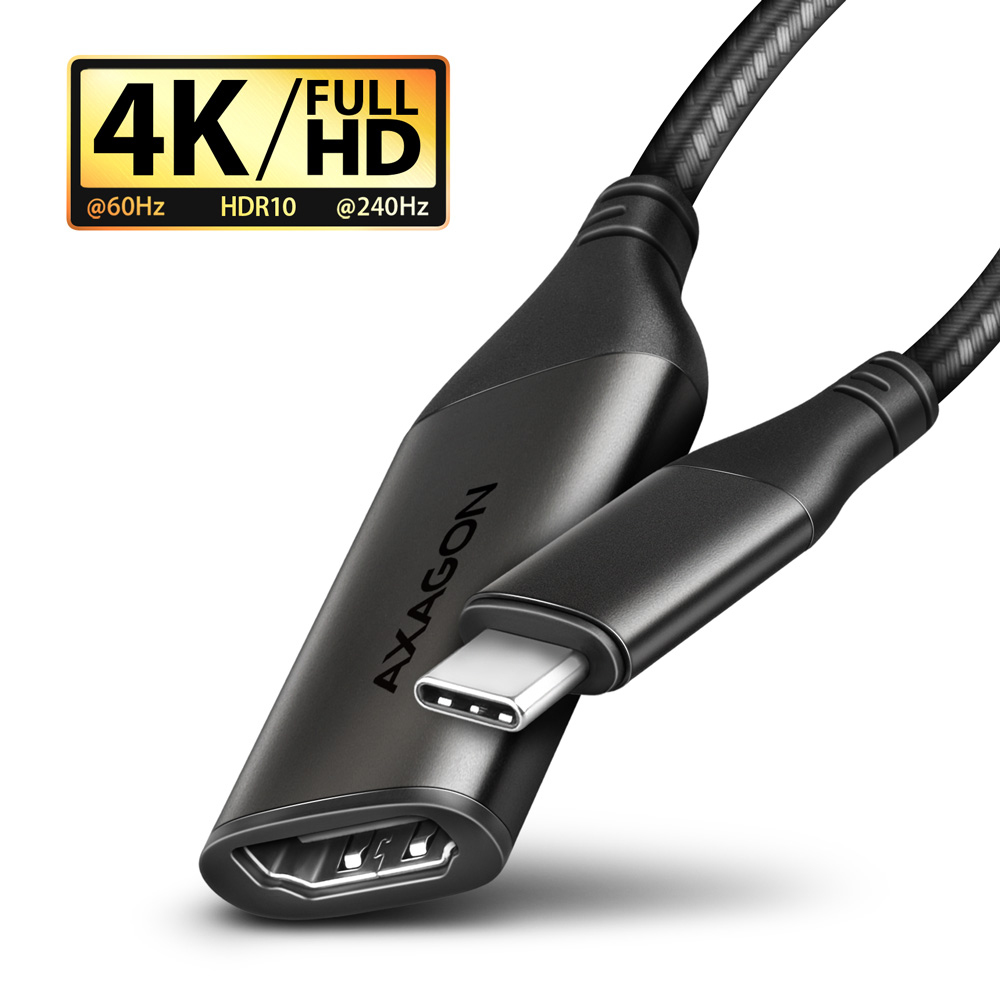 Czarny kabel adaptera HDMI do USB-C. Tekst: 4K/FULL HD @60Hz, HDR10 @240Hz.