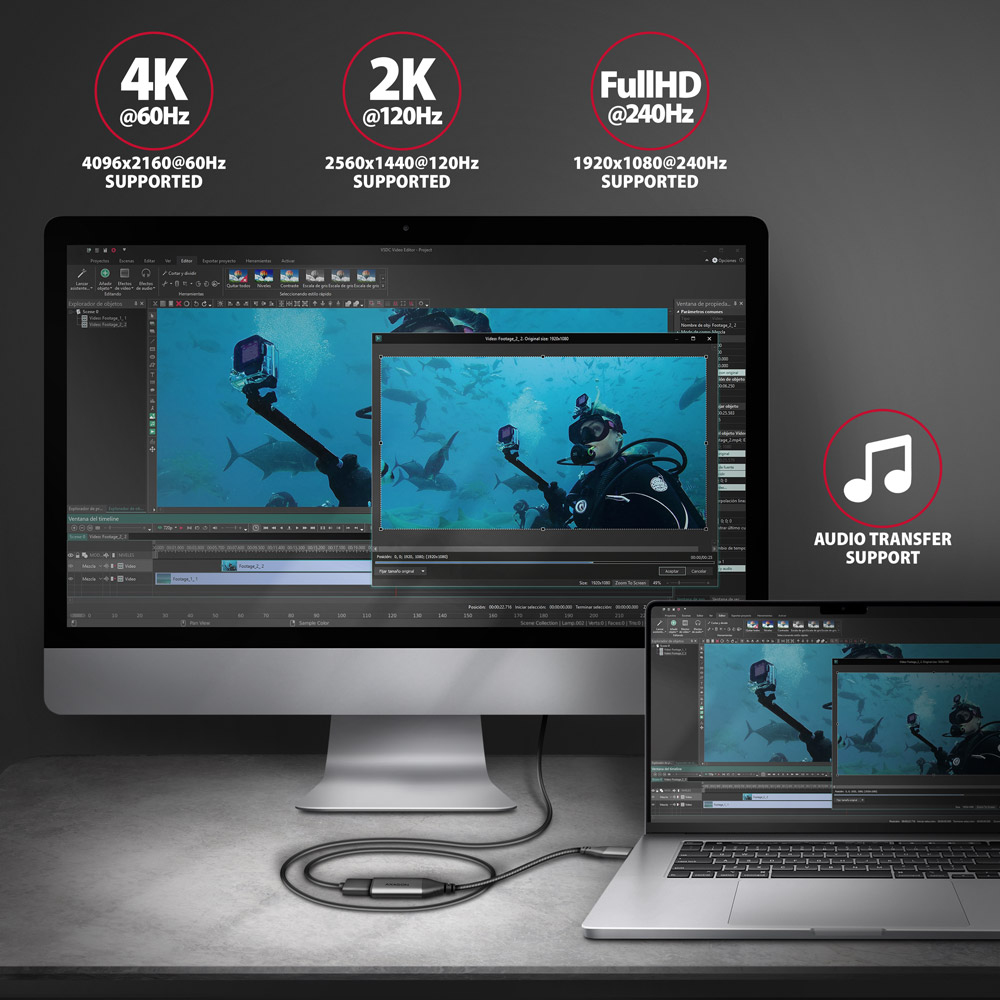 Monitory wyświetlające oprogramowanie do edycji wideo i wideo podwodne.