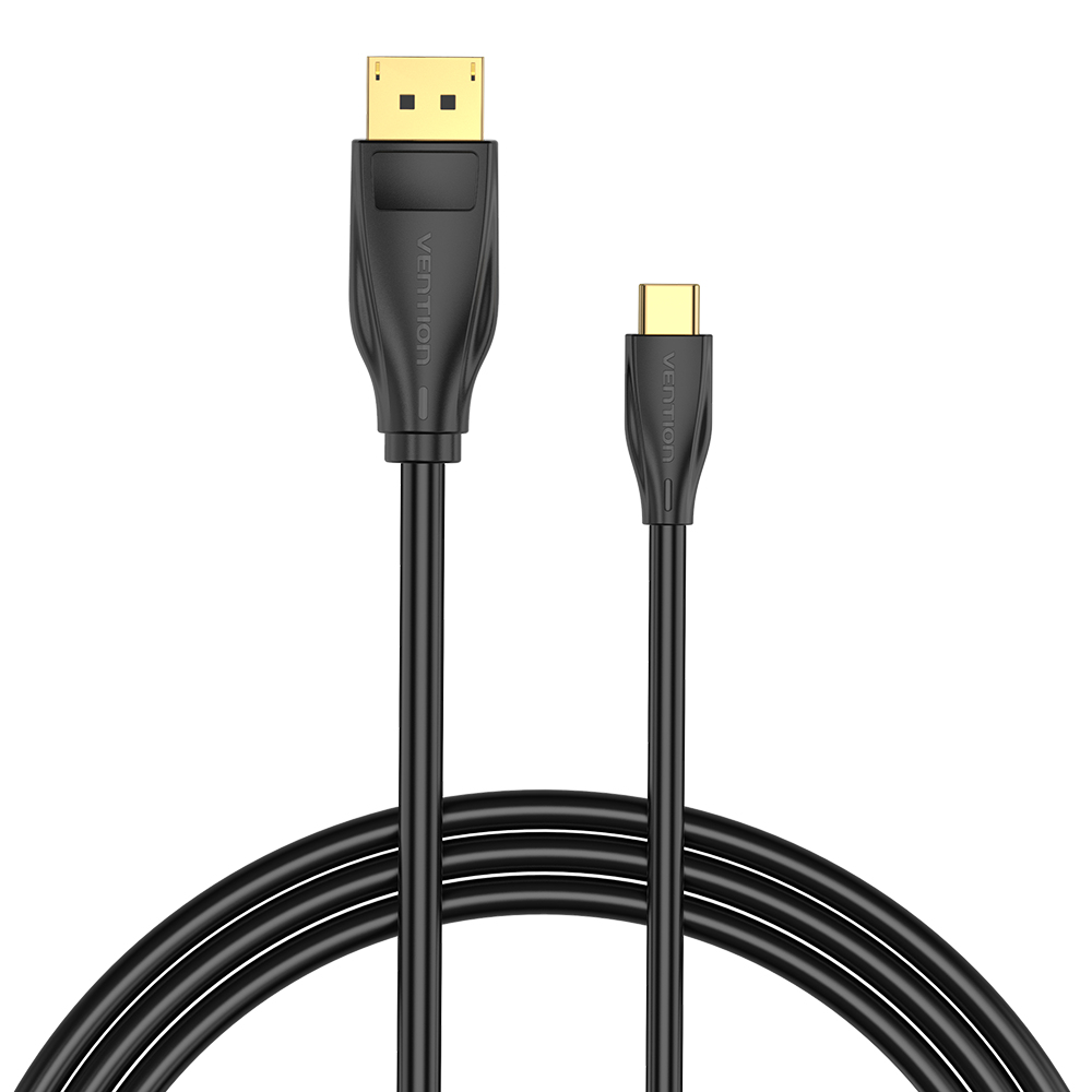 Schwarzes Vention-Kabel mit DisplayPort- und USB-C-Anschluss. Weißer Hintergrund.