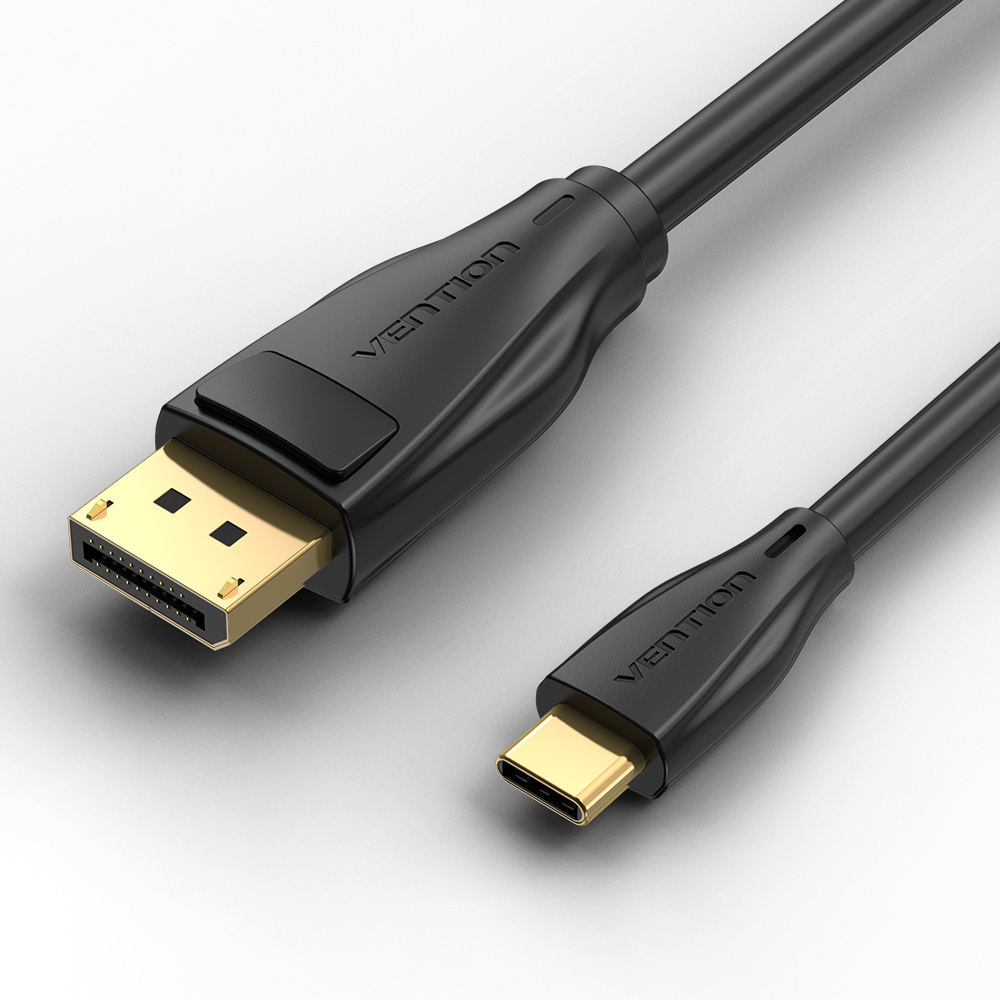 Schwarz-goldenes DisplayPort-zu-USB-C-Kabel. Weißer Hintergrund.