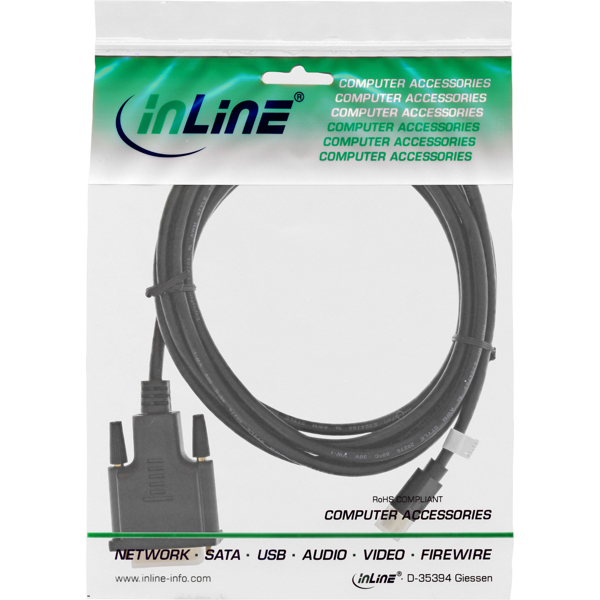 Schwarzes Kabel mit Anschlüssen. Das Paket hat das inLine-Logo mit Text für Computerzubehör.