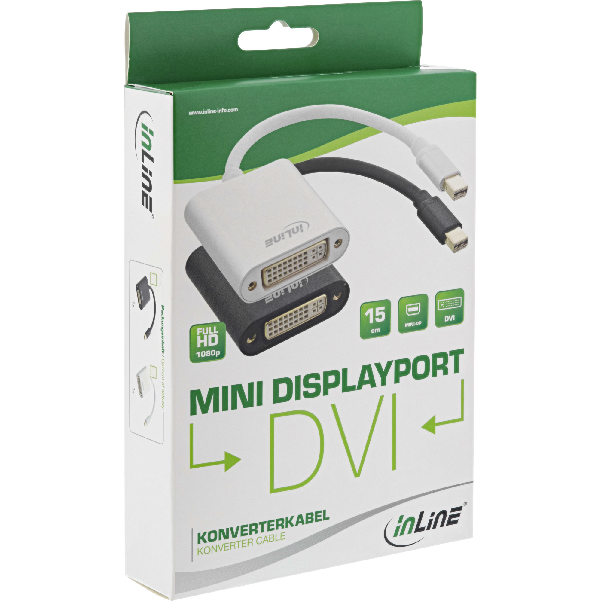 Weißer und schwarzer Karton mit einem Mini-DisplayPort-zu-DVI-Adapter darin, Vorderansicht.