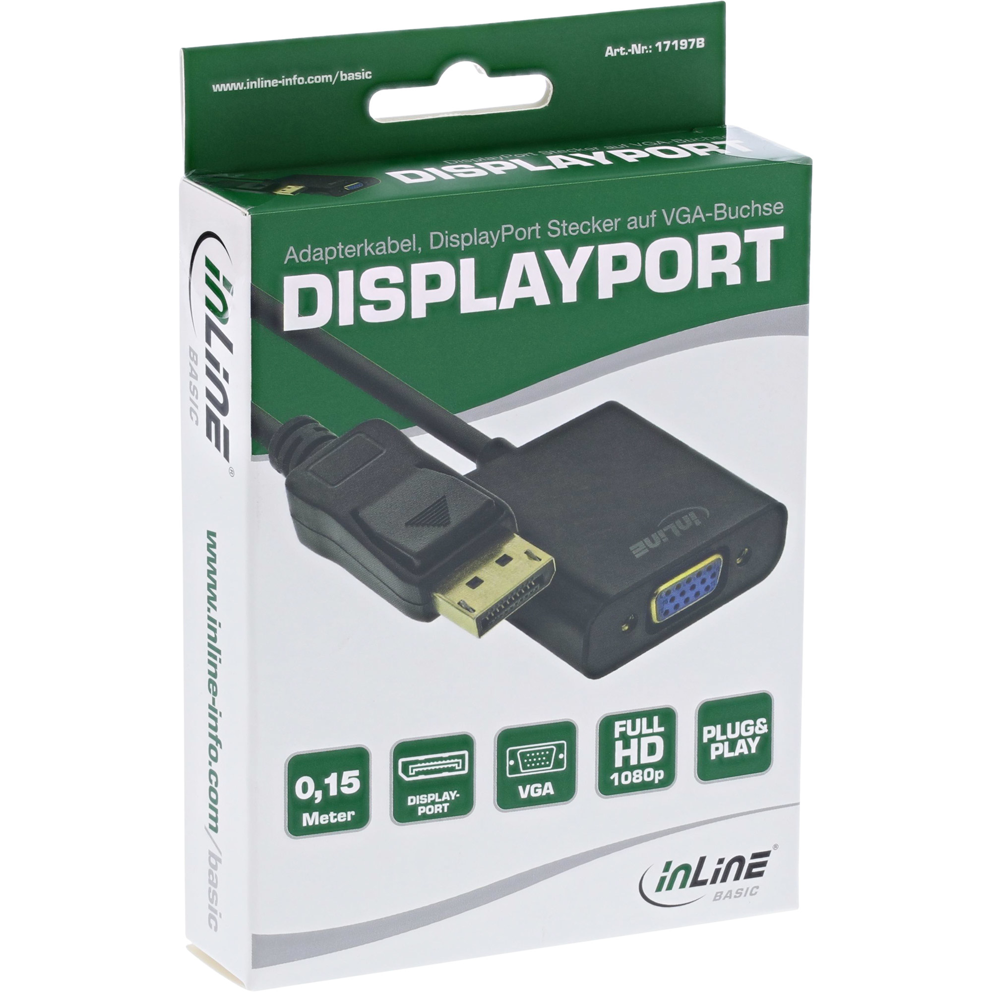 Scatola adattatore DisplayPort con cavo e connettore DisplayPort, connettore VGA. La scatola è bianca e verde.