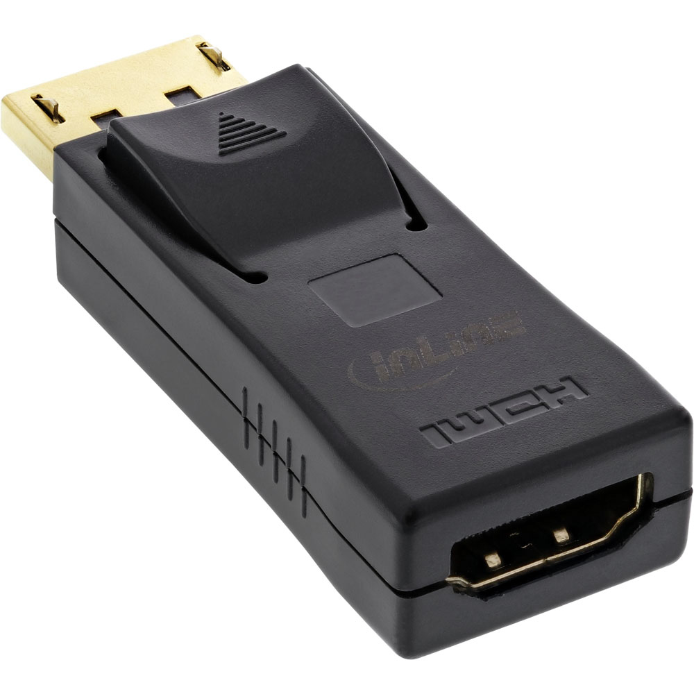 HDMI-zu-DisplayPort-Adapter. Schwarzer Adapter mit vergoldeten HDMI- und DisplayPort-Anschlüssen.