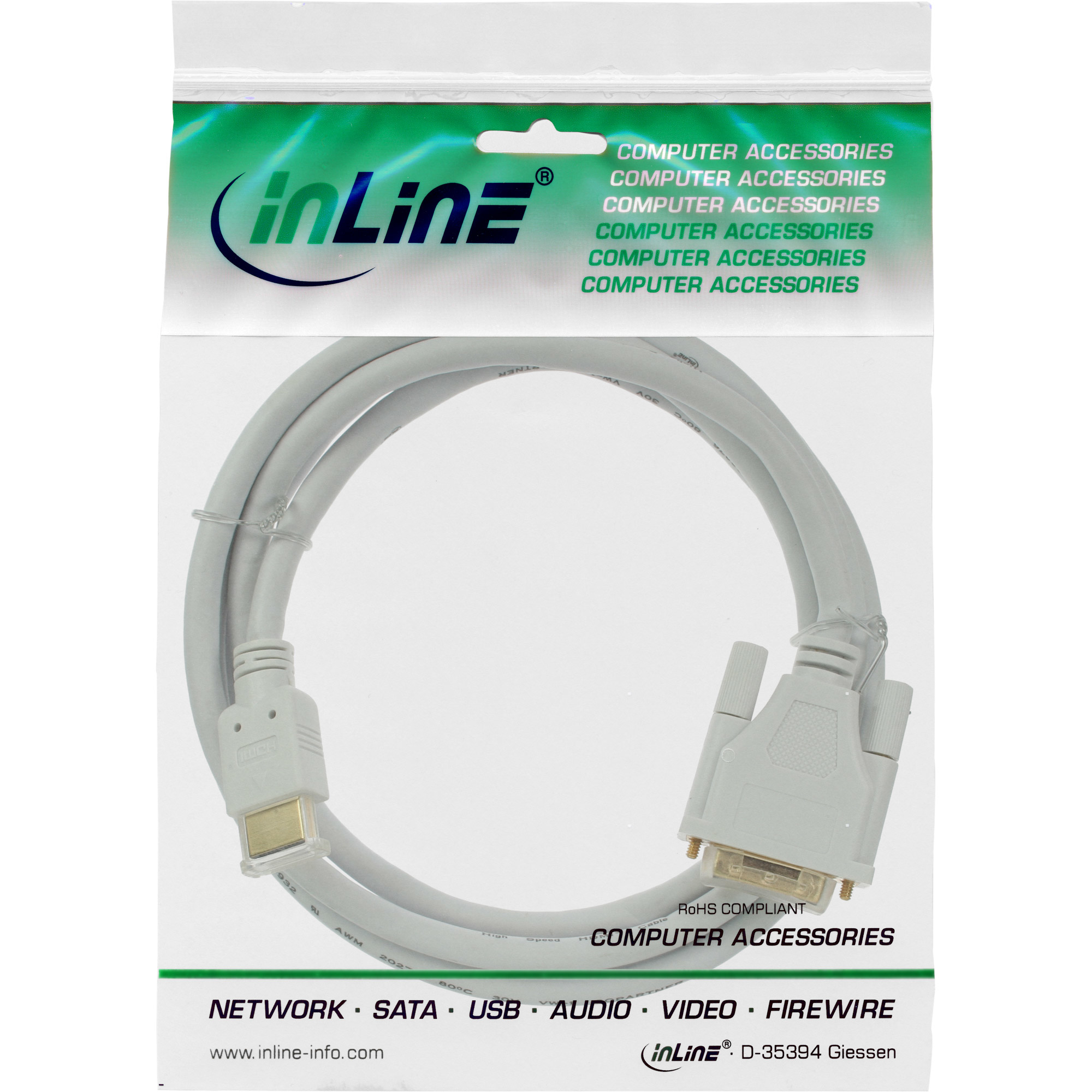 HDMI-zu-DVI-Kabel in einer Verpackung. Computerzubehör aufgelistet. Weißer Hintergrund.