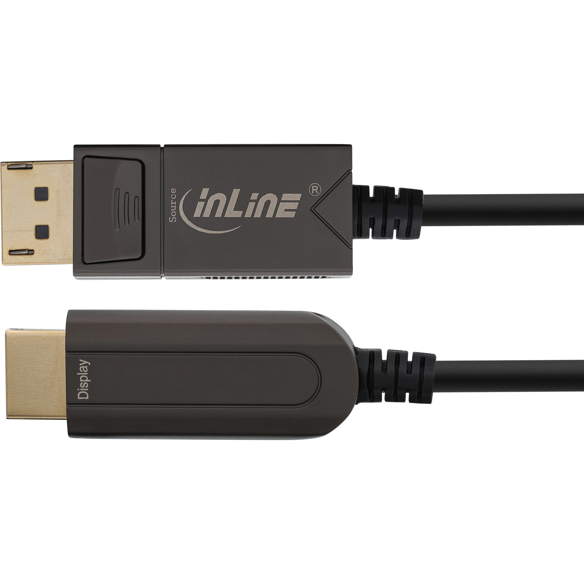 Schwarzes DisplayPort-Kabel mit Steckern an beiden Enden, vor weißem Hintergrund.