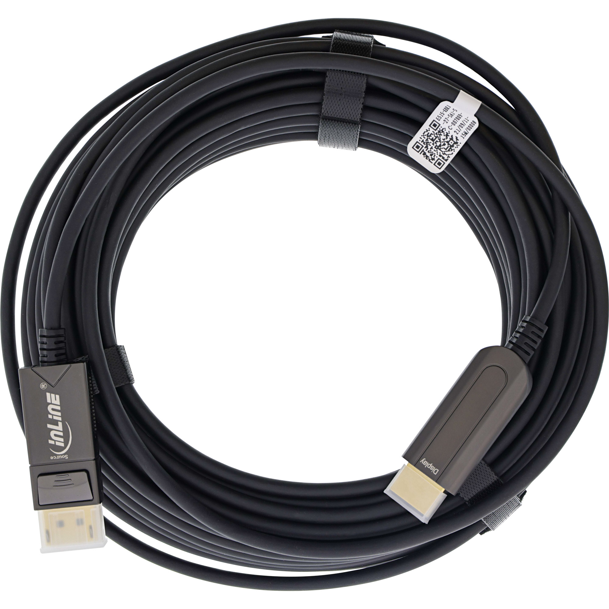 Schwarzes DisplayPort-Kabel, aufgerollt, mit Anschlüssen an beiden Enden.