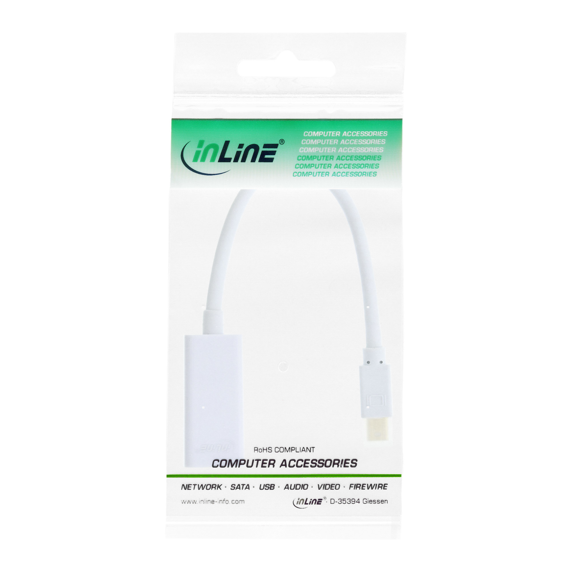 Cavo USB bianco confezionato in una busta di plastica trasparente.