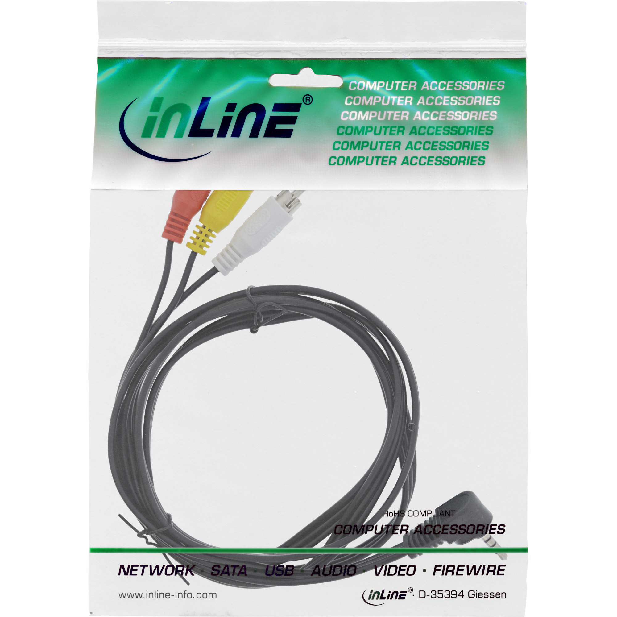 Una confezione di cavi per computer. Tre connettori colorati sporgono dalla confezione di plastica trasparente.