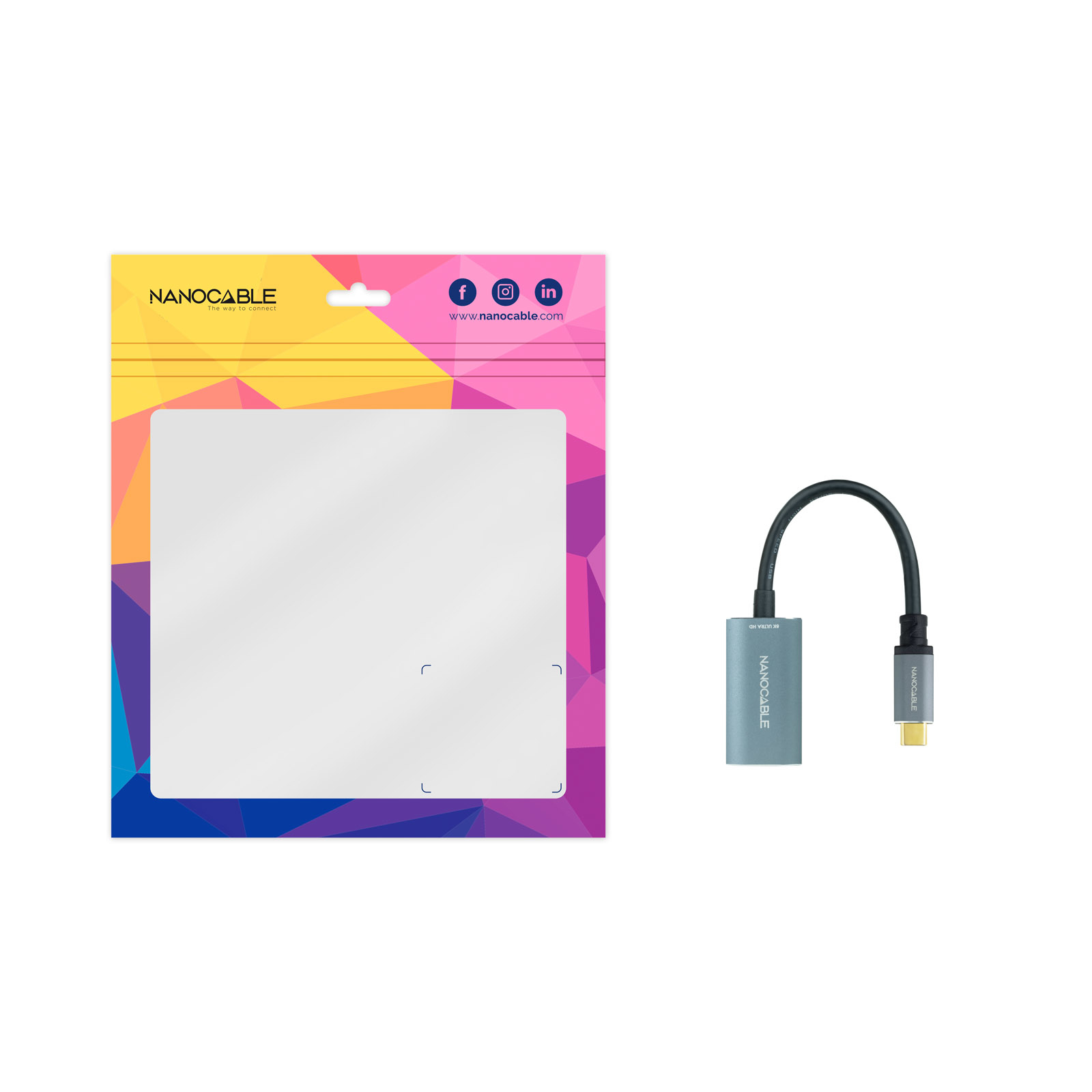 Ein Kabel und eine Tasche mit buntem Hintergrund. Die Tasche hat ein Logo und eine Website-Adresse.