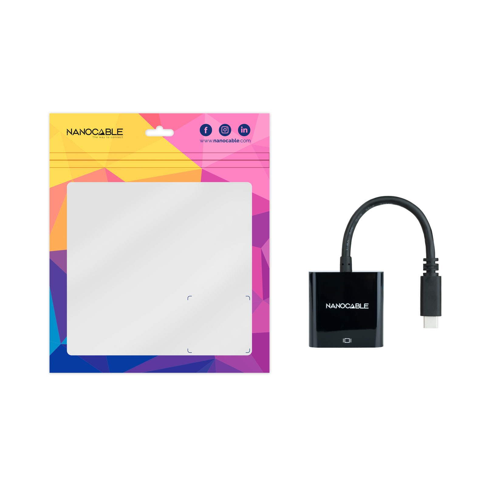 Schwarzer Adapter mit USB-C-Kabel und einer Verpackungstasche mit Logo.