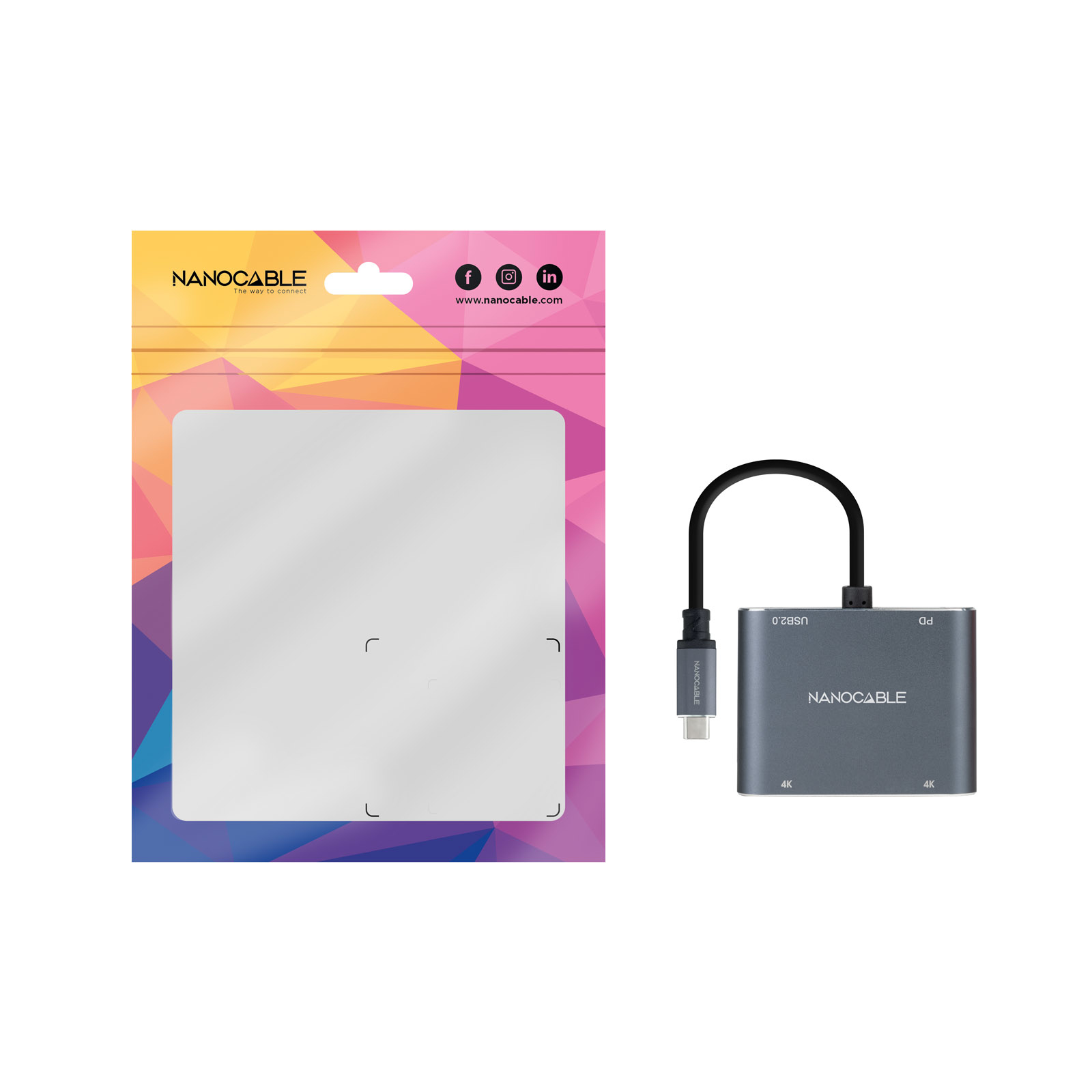 Ein Nanocable-Adapter mit USB-C-Anschluss und eine Verpackung. Die Verpackung ist rosa und weiß.