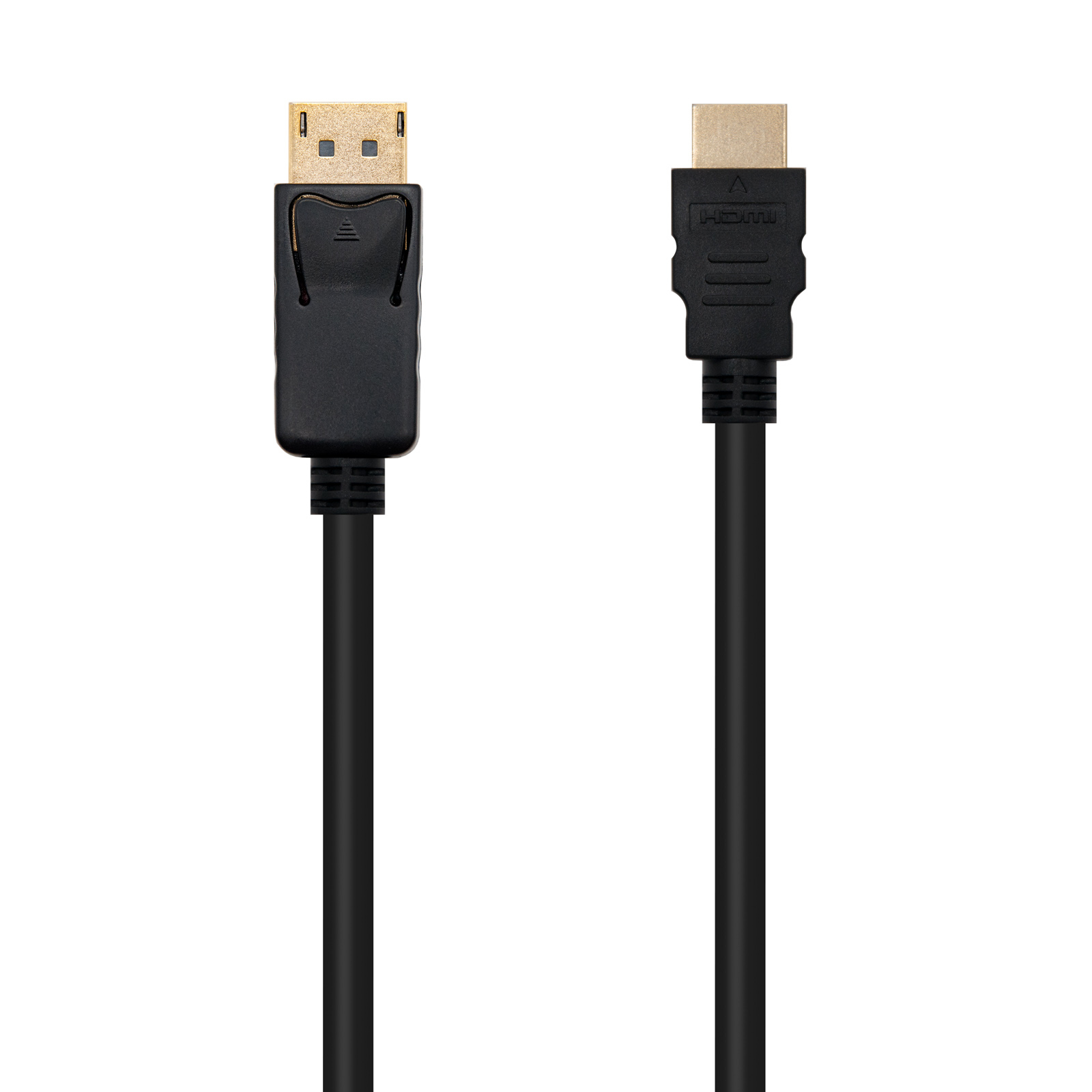 Un cable DisplayPort negro y un cable HDMI negro, uno junto al otro.