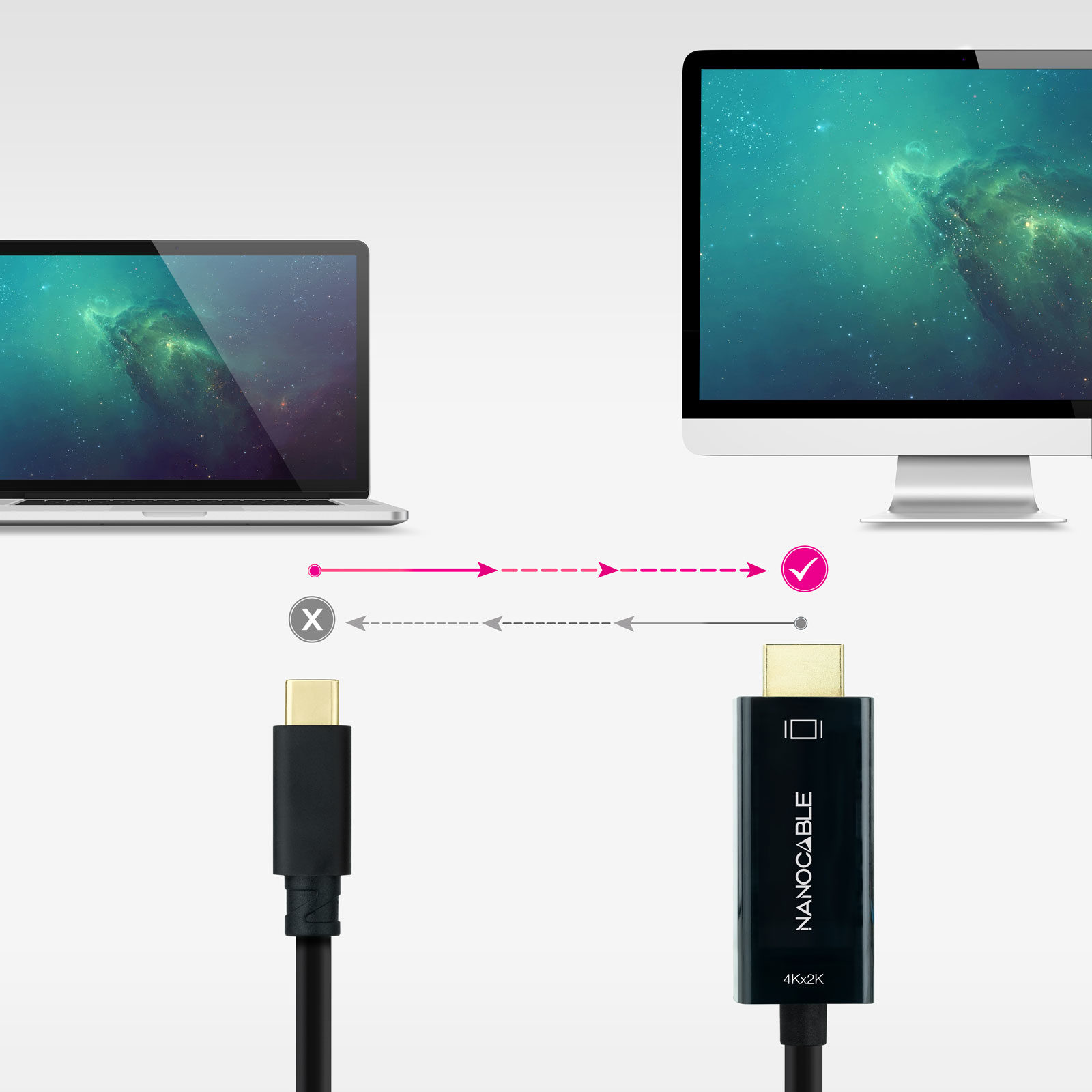Laptop und Monitor, verbunden mit einem schwarzen USB-C-Kabel. Der Laptop ist nicht verbunden.