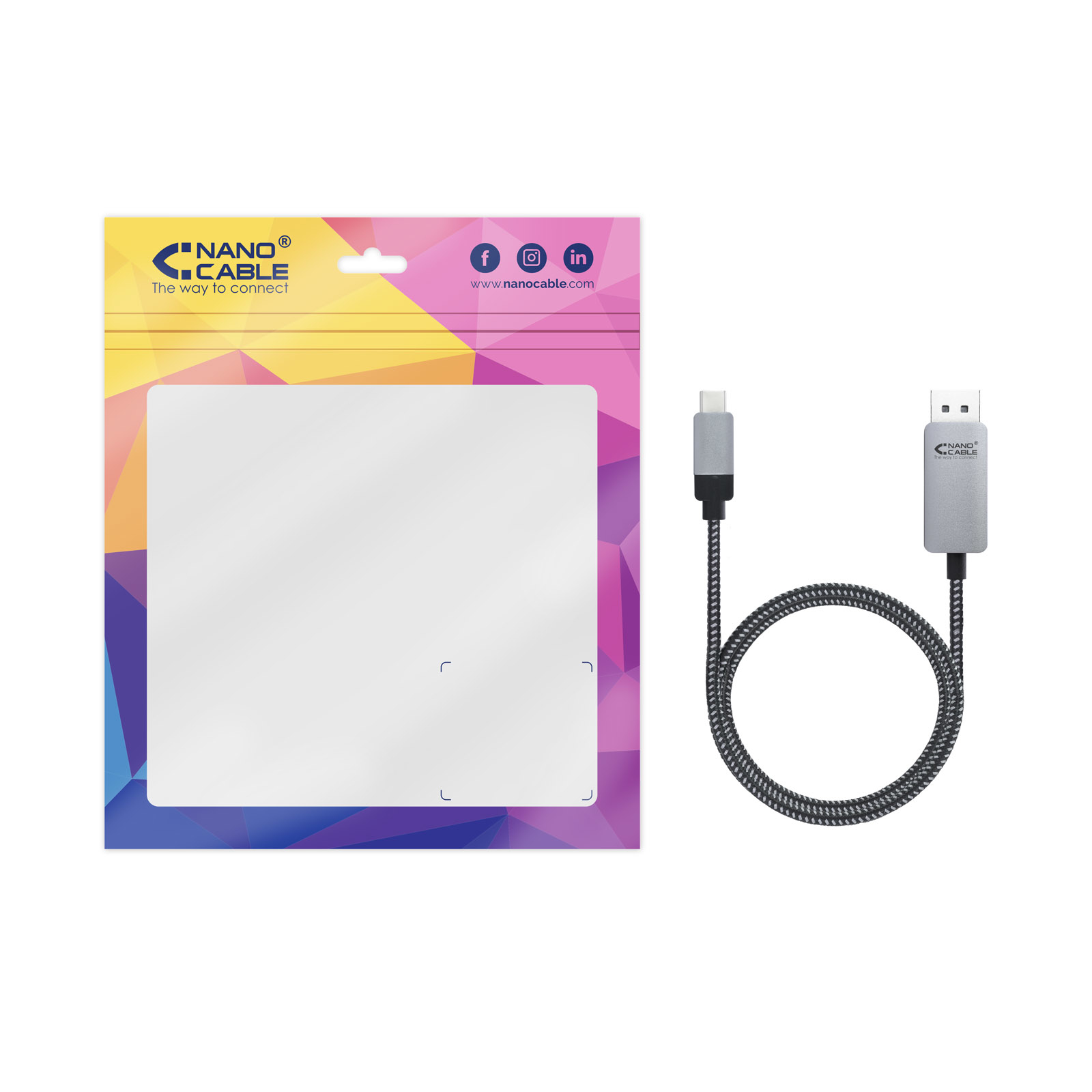 Paquete de cable con cable USB-C a USB-A, cable gris y embalaje transparente.