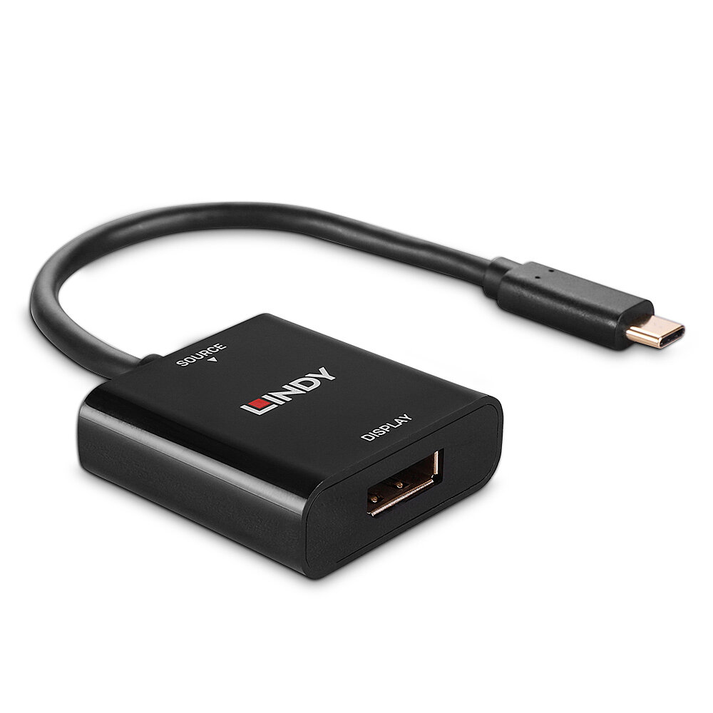 Schwarzer LINDY-Adapter mit USB-C- und USB-Anschluss. Ein schwarzes Kabel geht vom Gerät aus.