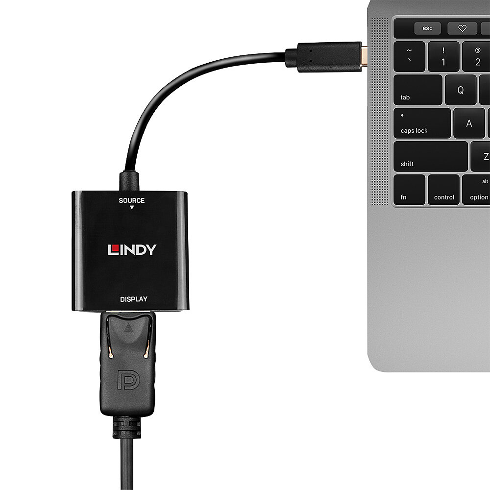 Ein schwarzer Adapter verbindet einen Laptop mit einem Display. Der Adapter sagt LINDY und DISPLAY mit einem Kabel.