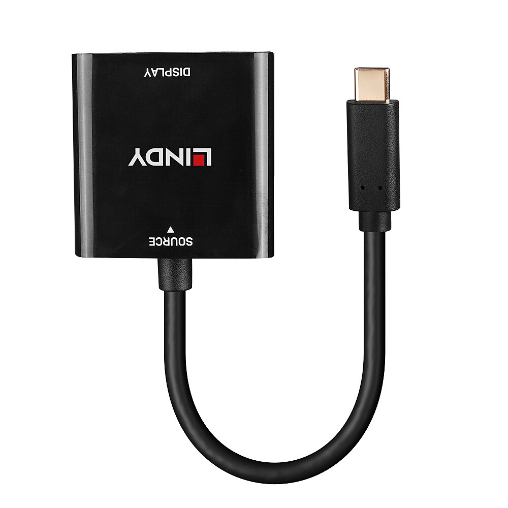Schwarzer LINDY-Adapter mit einem USB-C-Kabel. Zeigt Quell- und Display-Etiketten an.