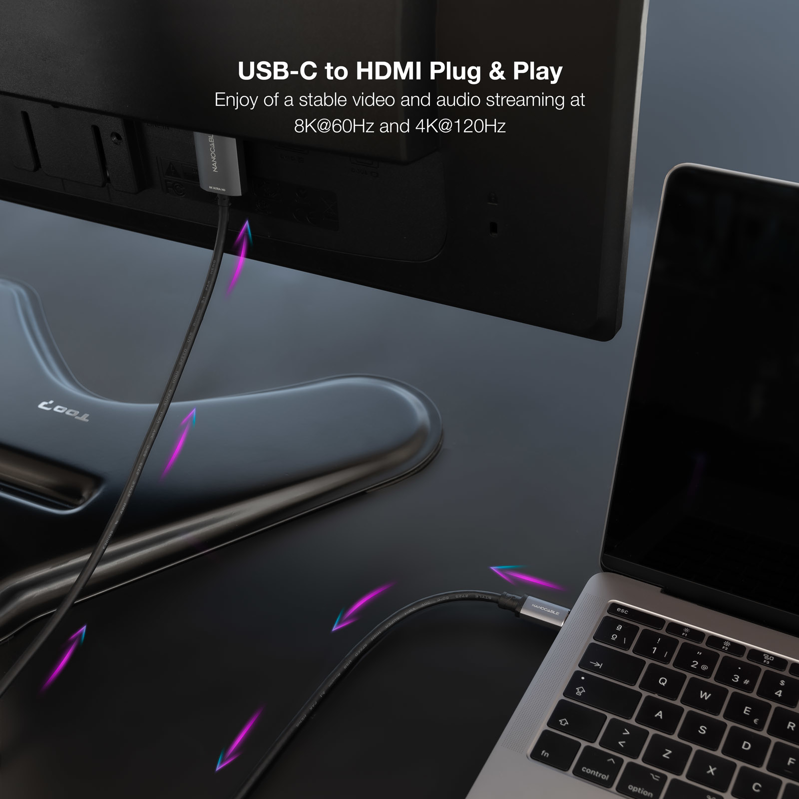 Ein Laptop ist mit einem Monitor über ein USB-C-zu-HDMI-Kabel verbunden. Text: USB-C zu HDMI.