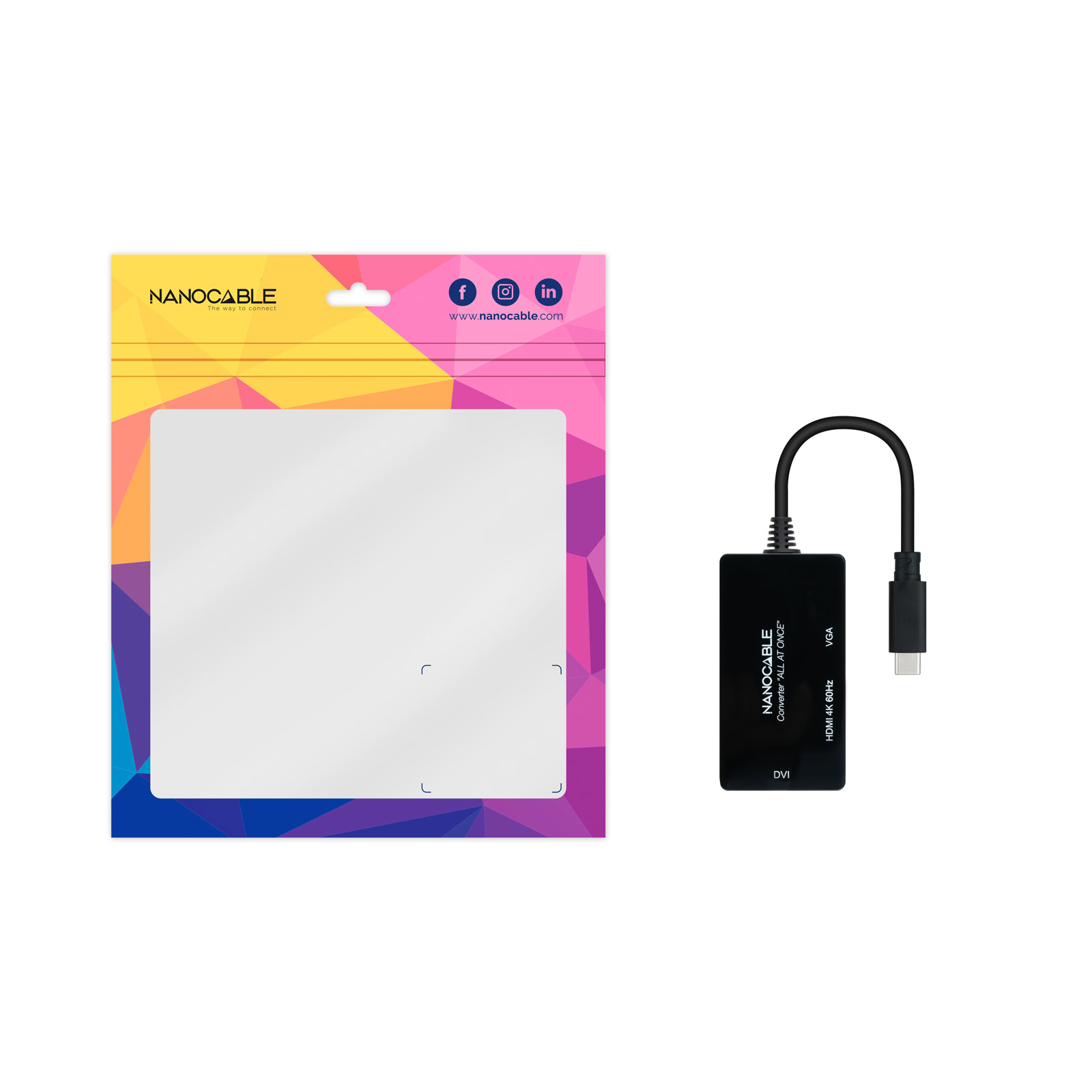 Verpackung und ein schwarzer Adapter zum Anschluss eines DVI-Kabels an einen USB-C-Anschluss.
