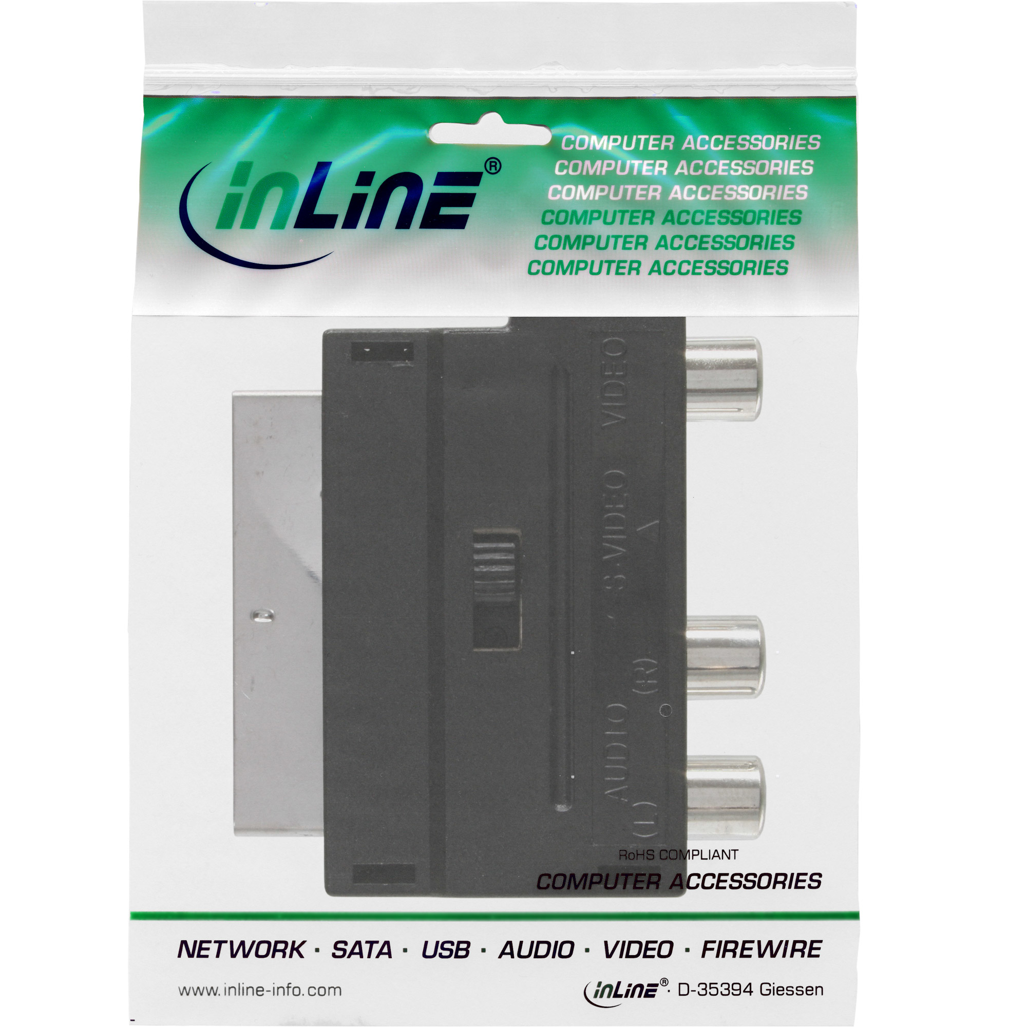 Ein schwarzer Adapter mit Anschlüssen. Er hat das InLine-Logo. Weißer Hintergrund. Text: Computerzubehör.
