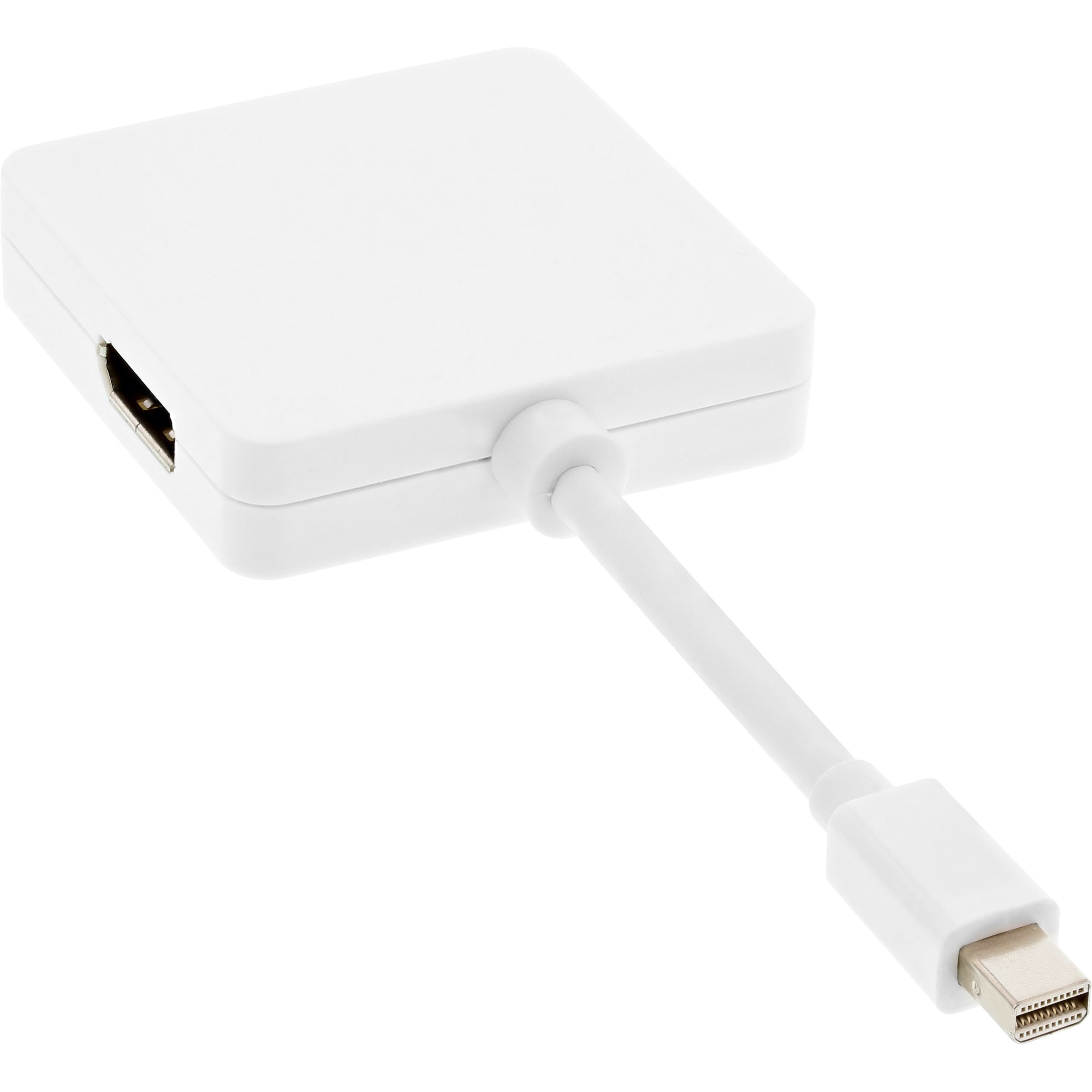 Adattatore bianco da HDMI a Mini DisplayPort con cavo bianco su sfondo bianco.