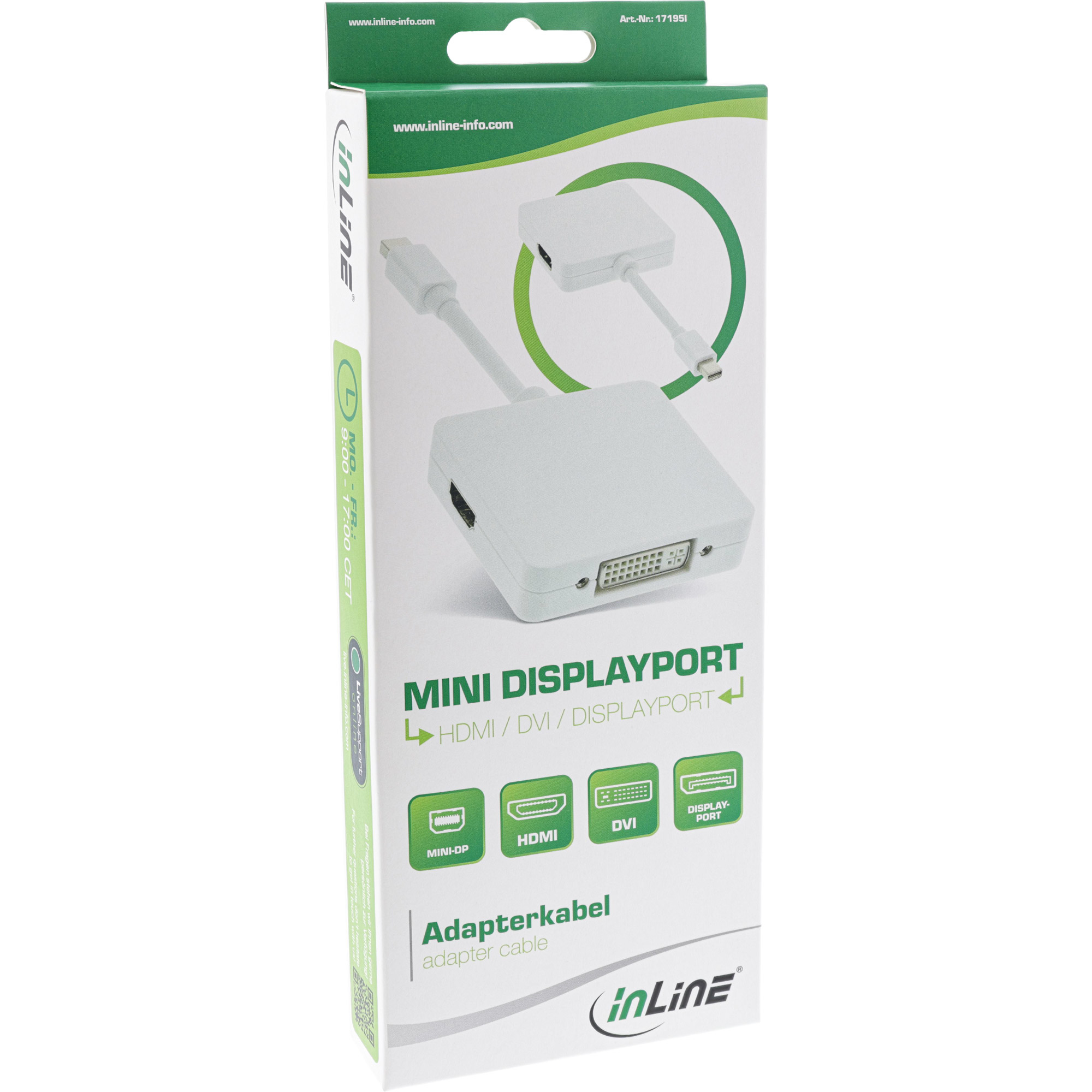 Scatola con un cavo adattatore Mini DisplayPort, contenente diagrammi e testo, su sfondo bianco.
