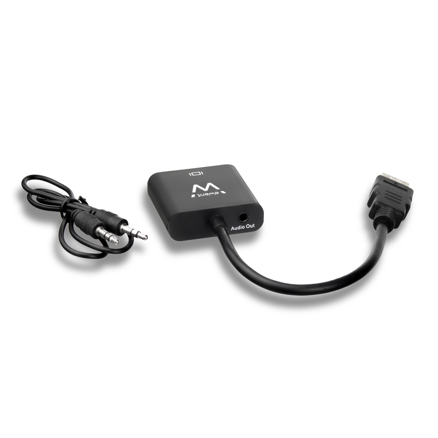 Un adattatore da HDMI a RCA nero con cavi su sfondo bianco.